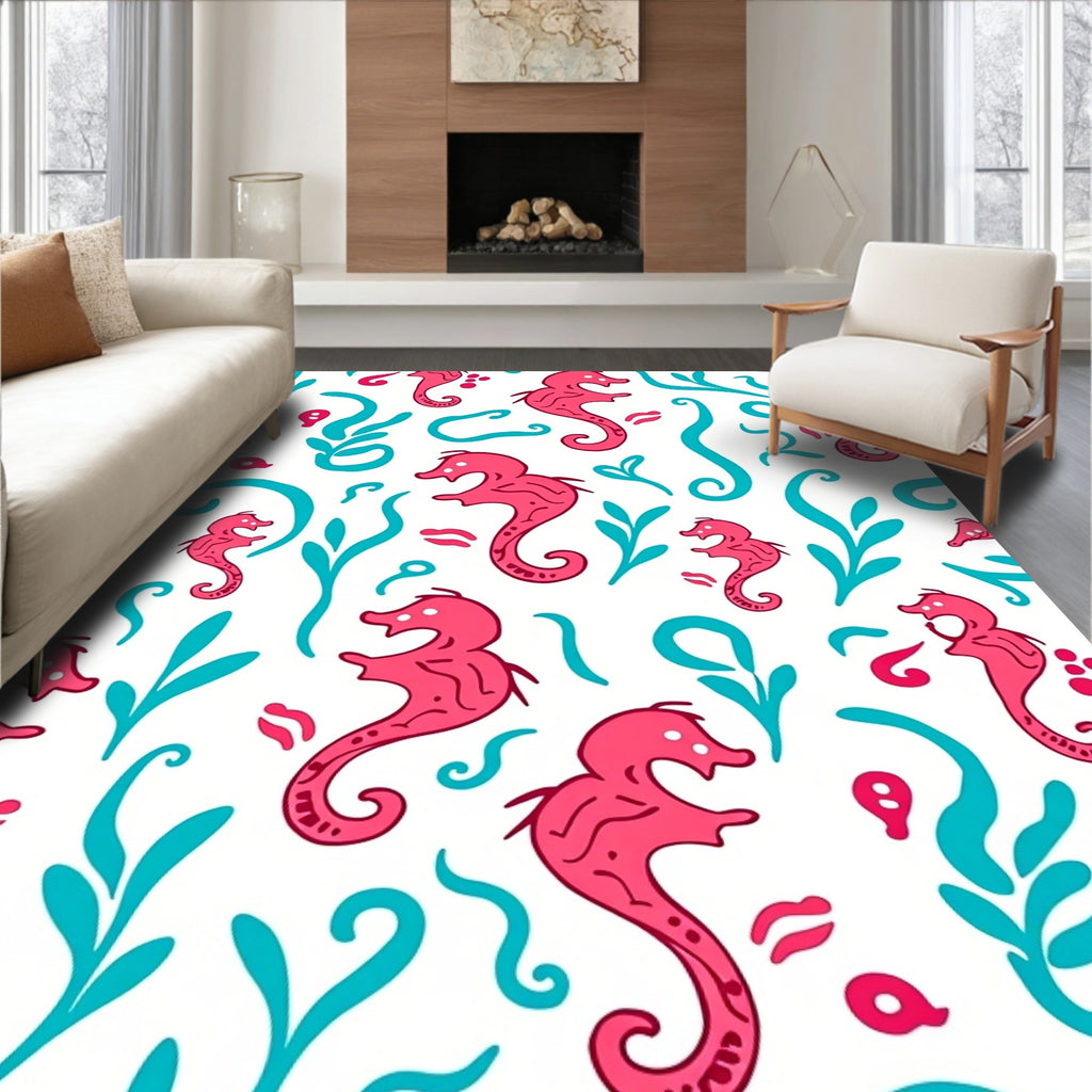 Coral Seahorse Aqua Swirls Rug