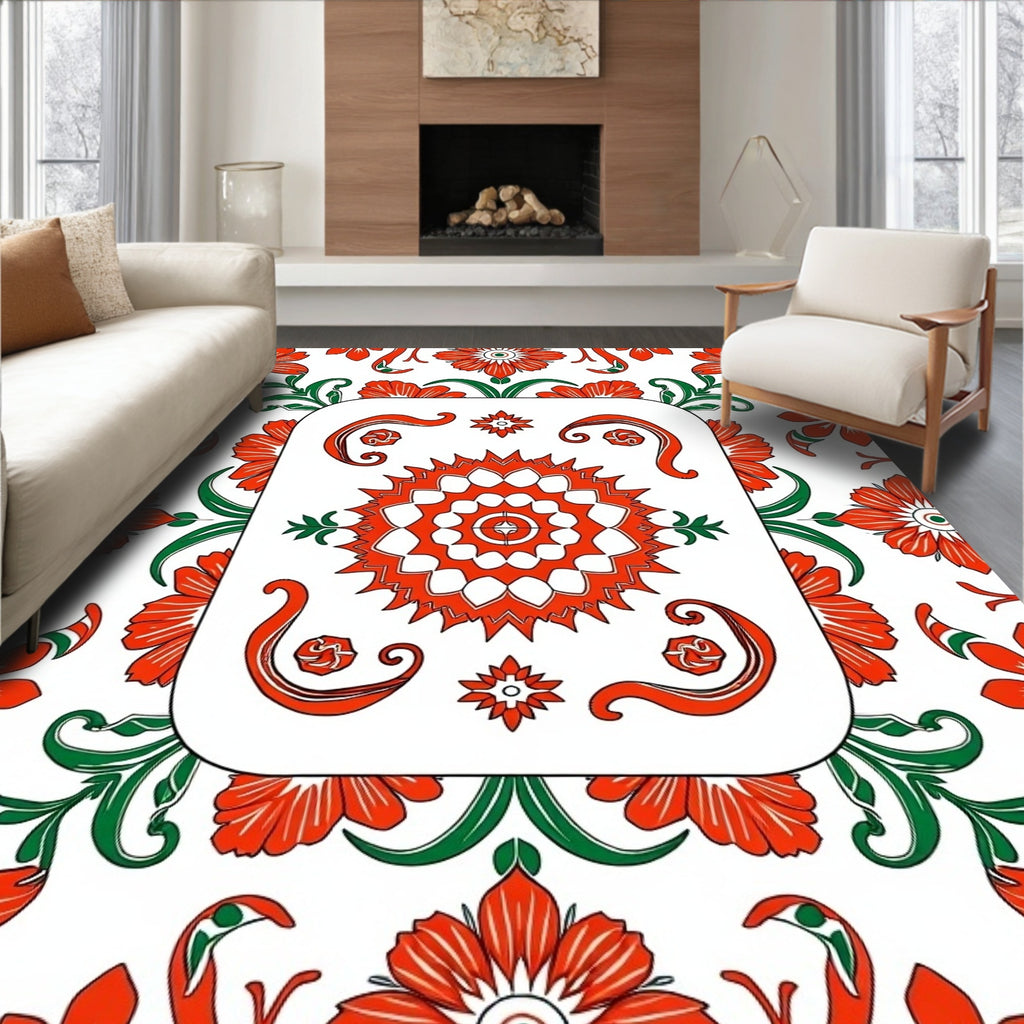 Bold Orange Bloom Garden Medallion Rug