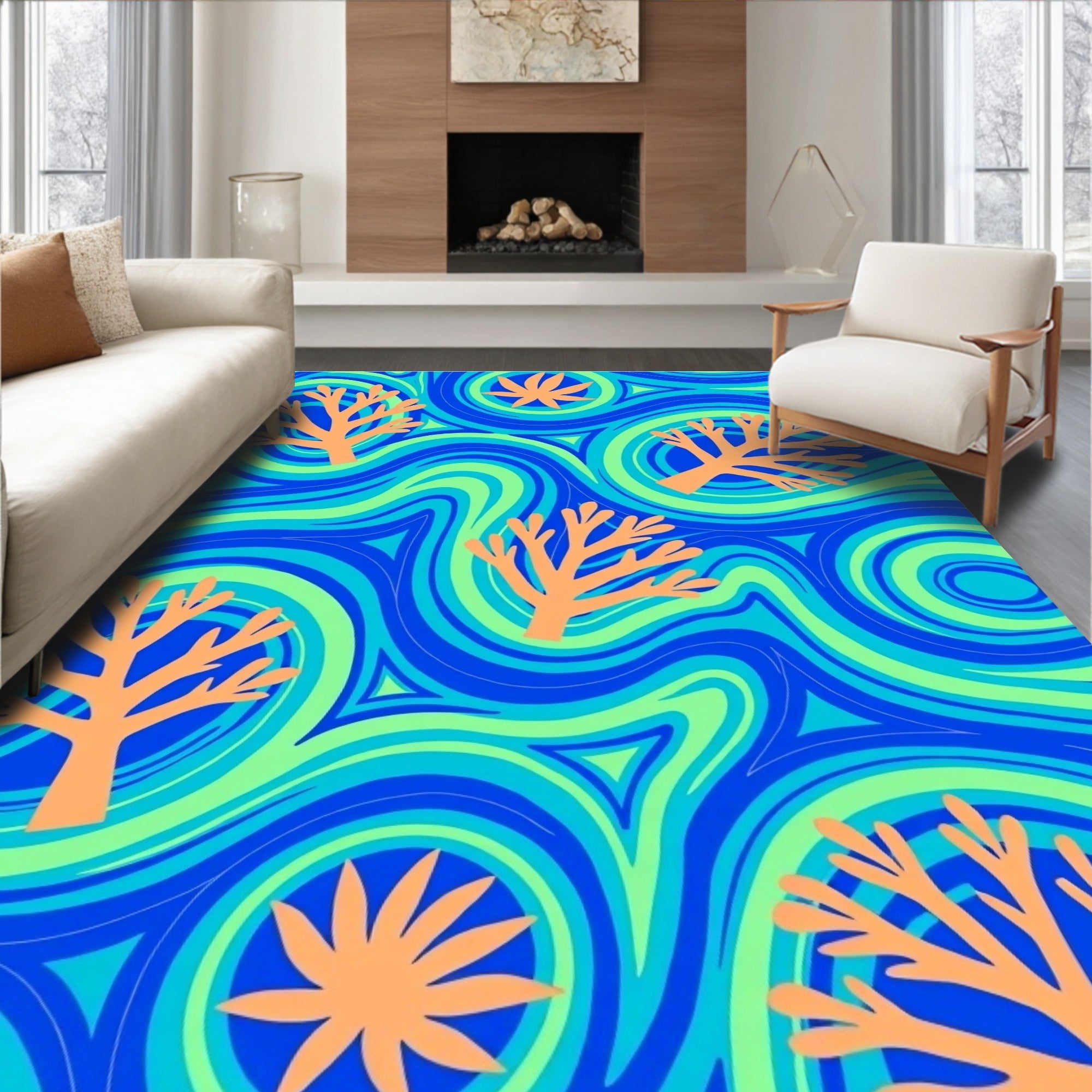 Oceanic Coral Swirls Blue Green Rug