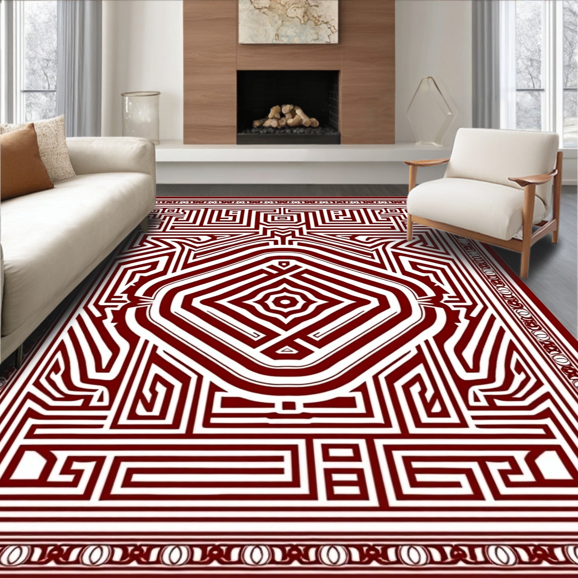 Deep Crimson Maze Geometric Rug
