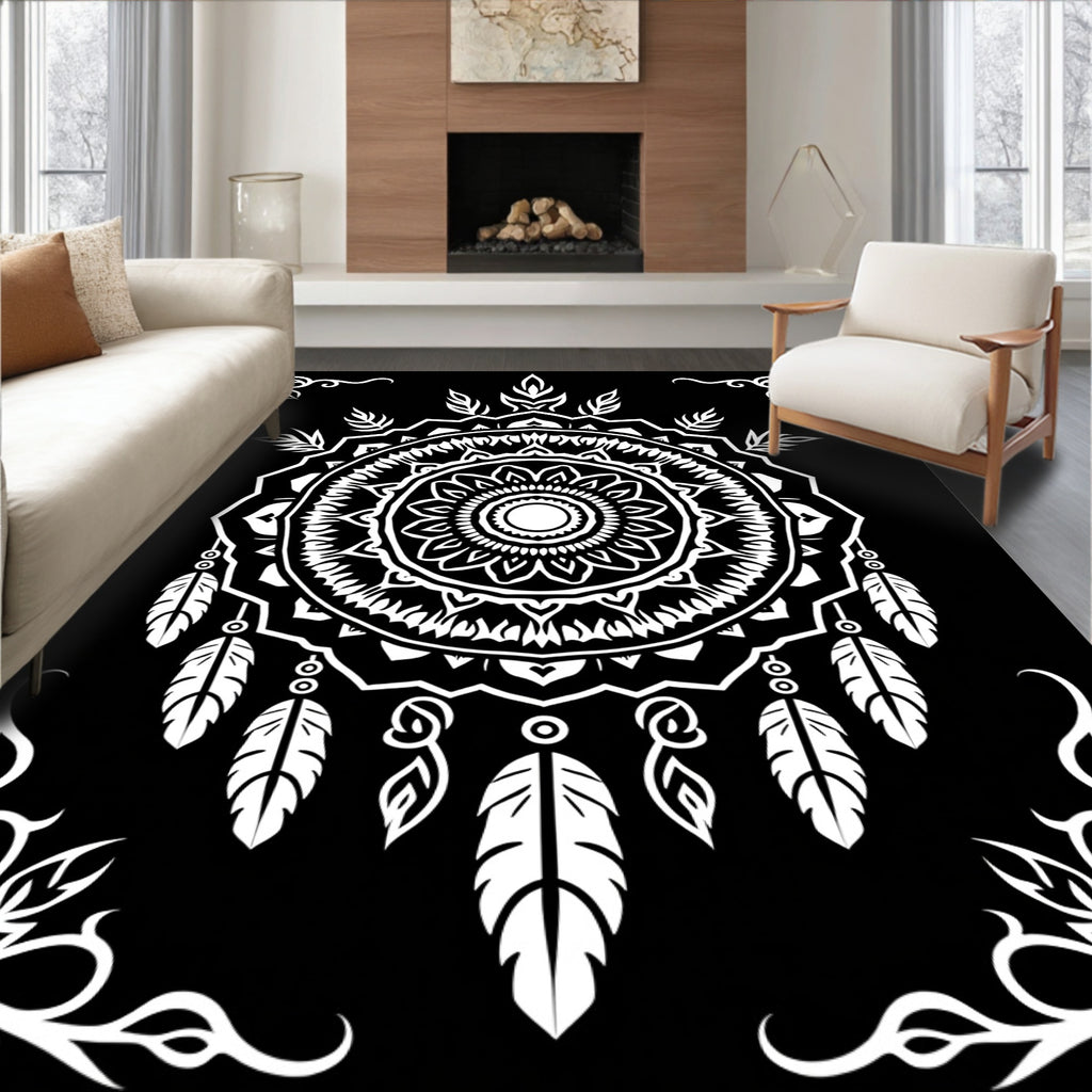 Monochromatic White Dreamcatcher Mandala Rug