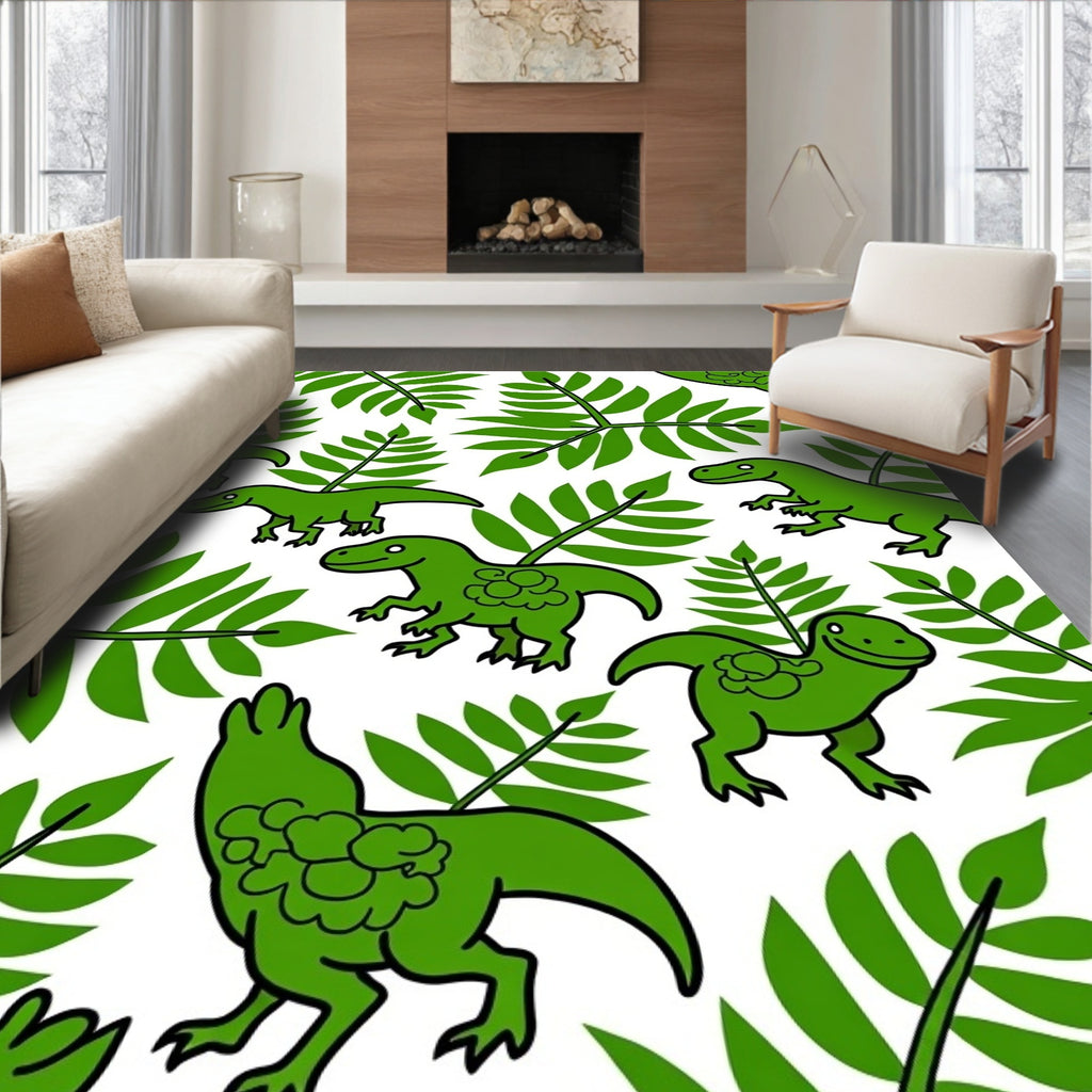 Green Dinosaurs With Fern Leaves Rug