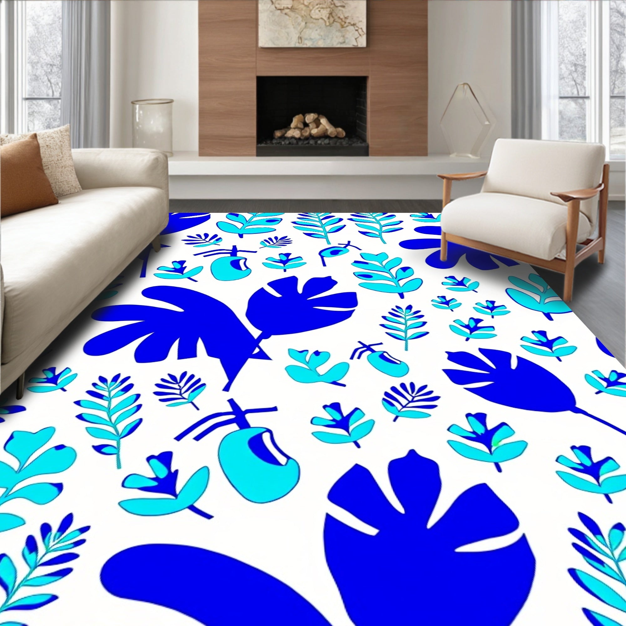 Bold Blue Tropical Foliage Abstraction Rug