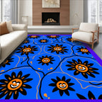 Cheery Blue Folk Sun Flower Rug