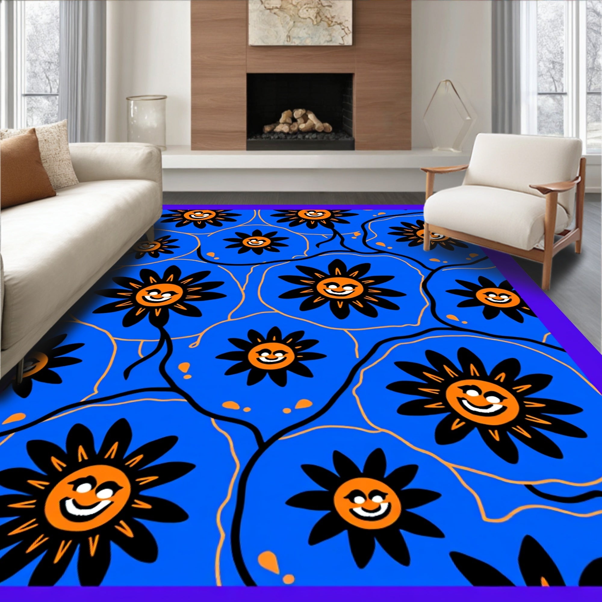 Cheery Blue Folk Sun Flower Rug