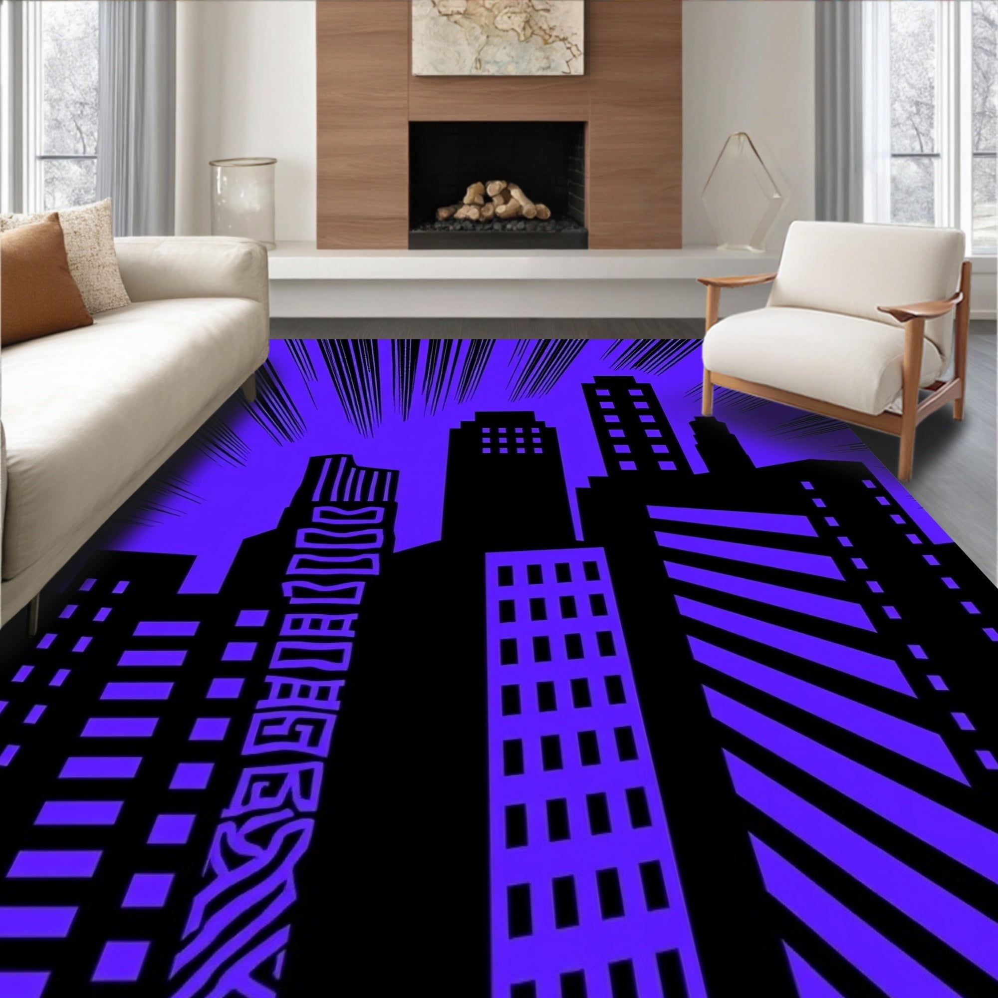 Bold Purple Comic City Skyline Rug