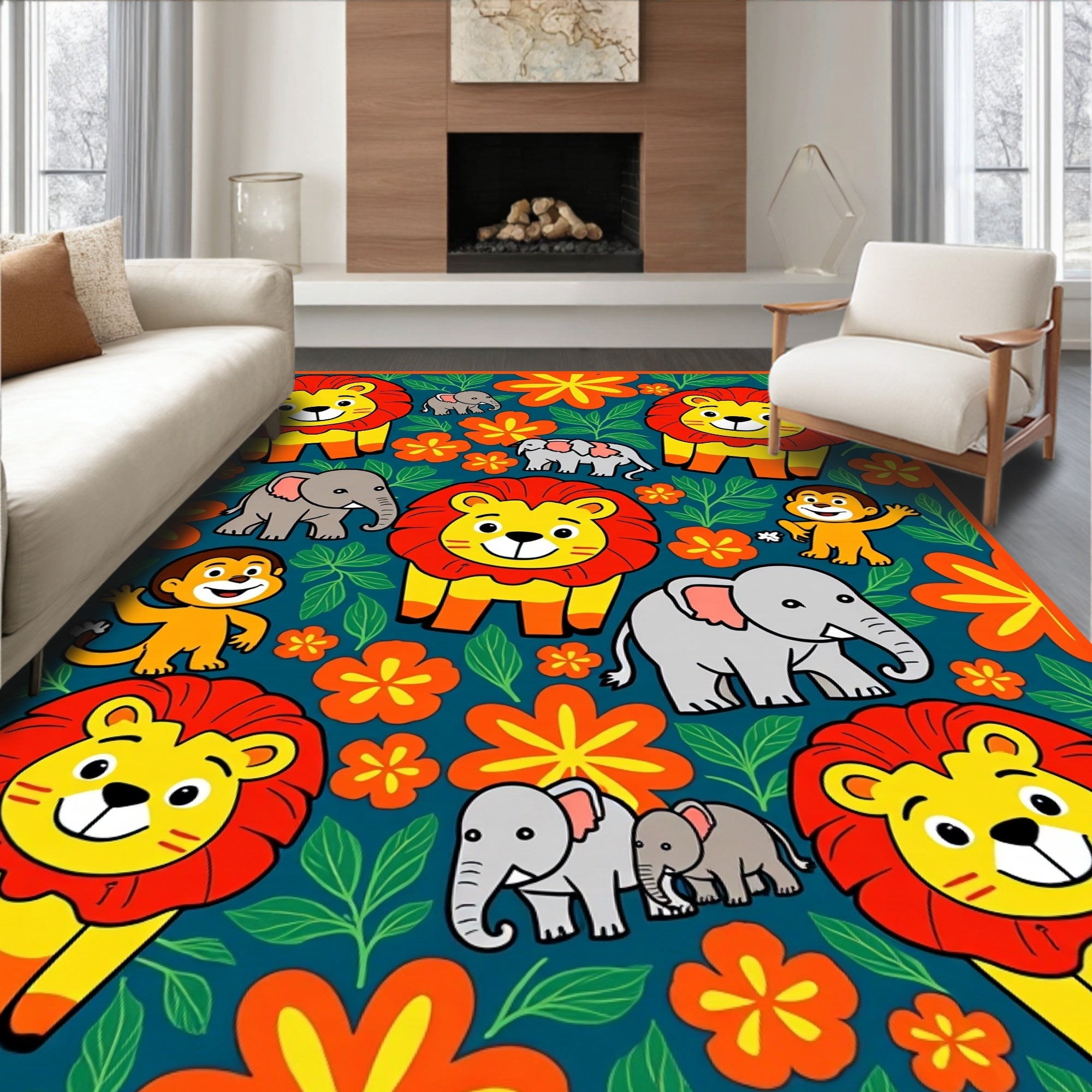 Jungle Animals with Flowers and Leaves Rug