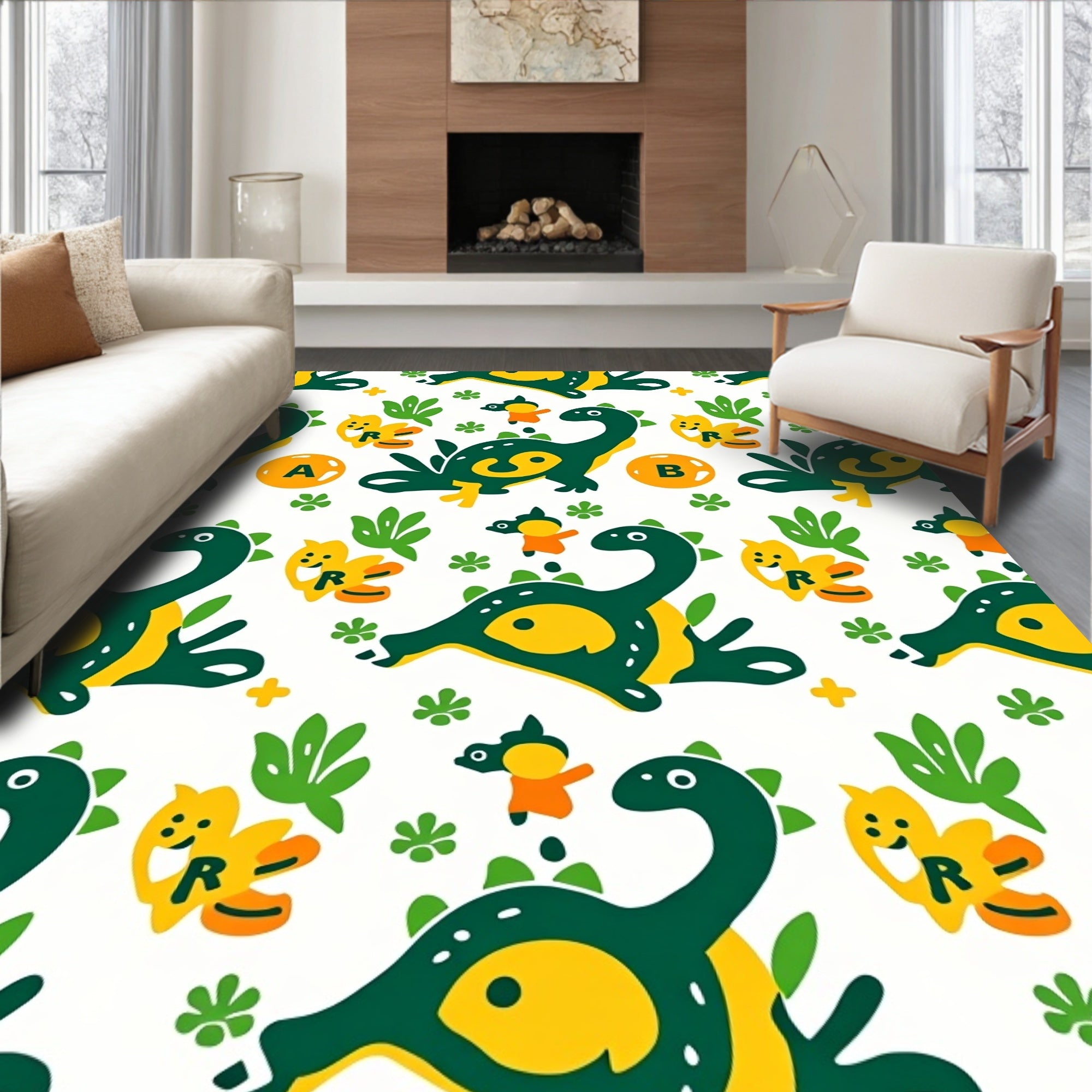 Cute Green Yellow Dinosaur Friends Rug