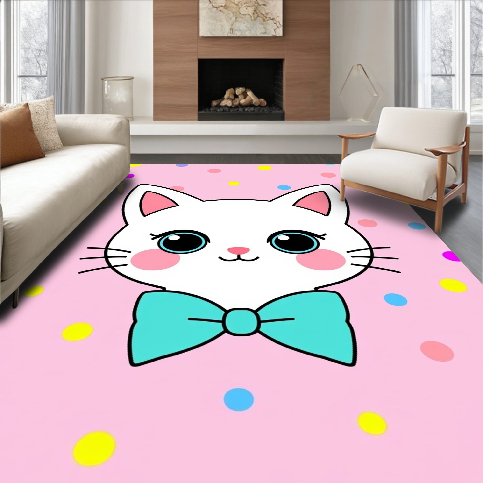 Cute White Cat Teal Bow Polka Dot Pink Rug