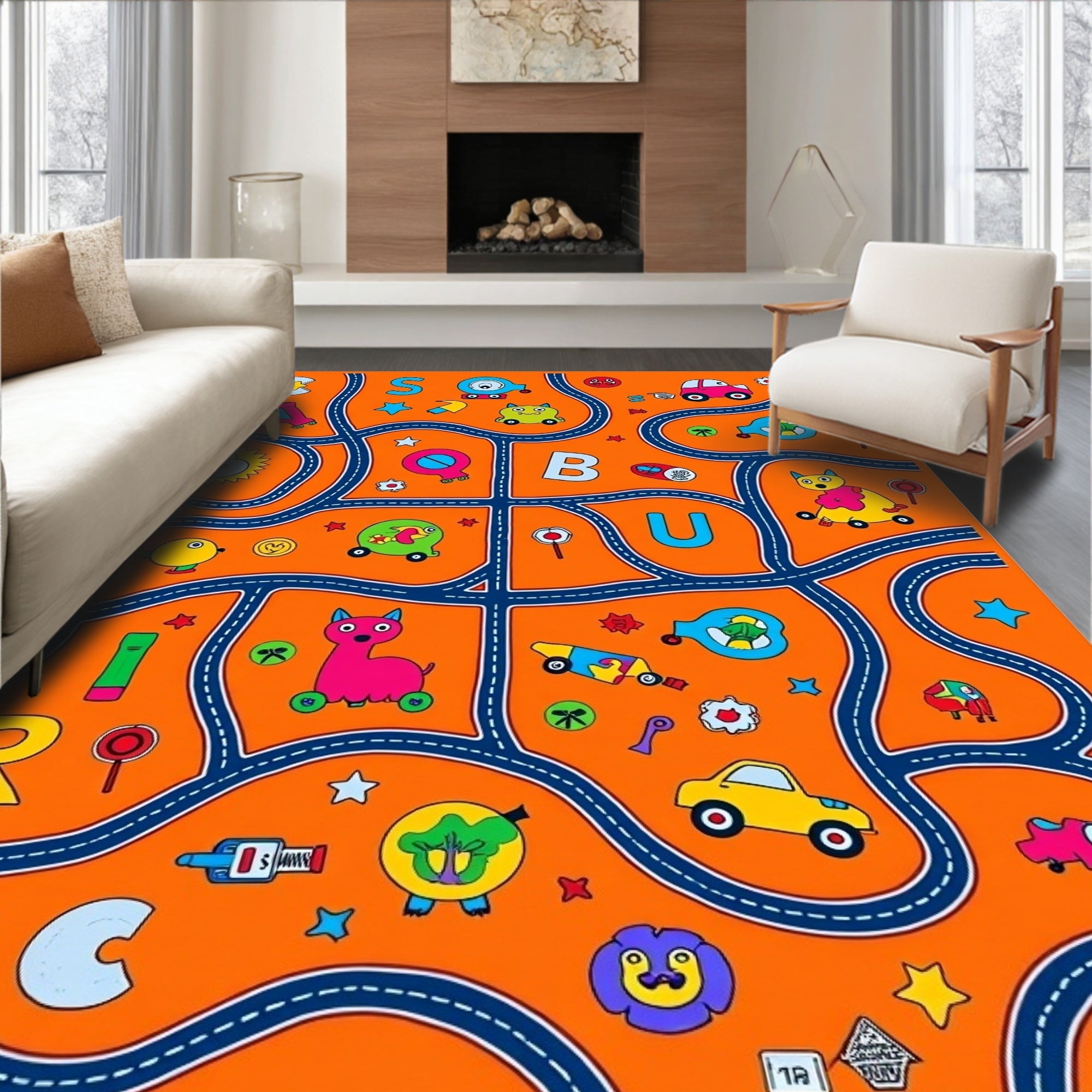 Bright Orange Cartoon Car Alphabet Playmat Rug