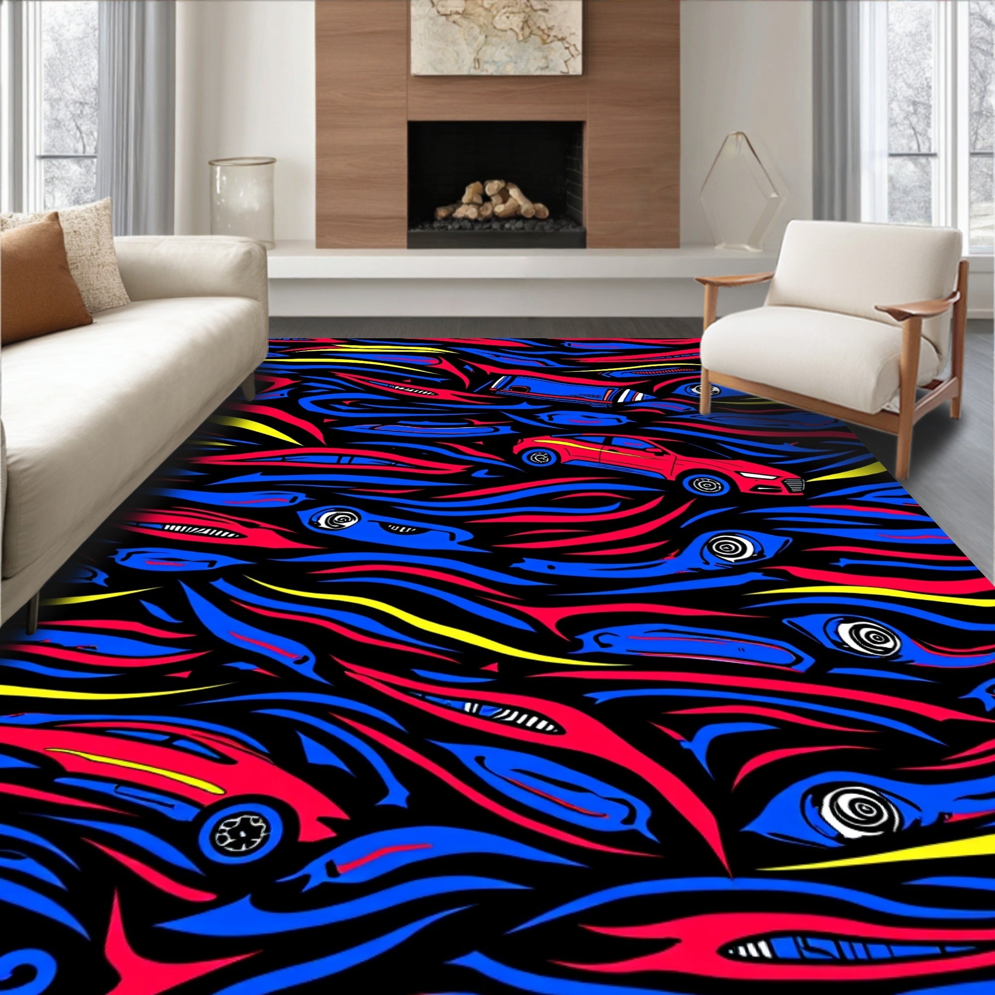 Retro Red Blue Yellow Car Overlap Rug