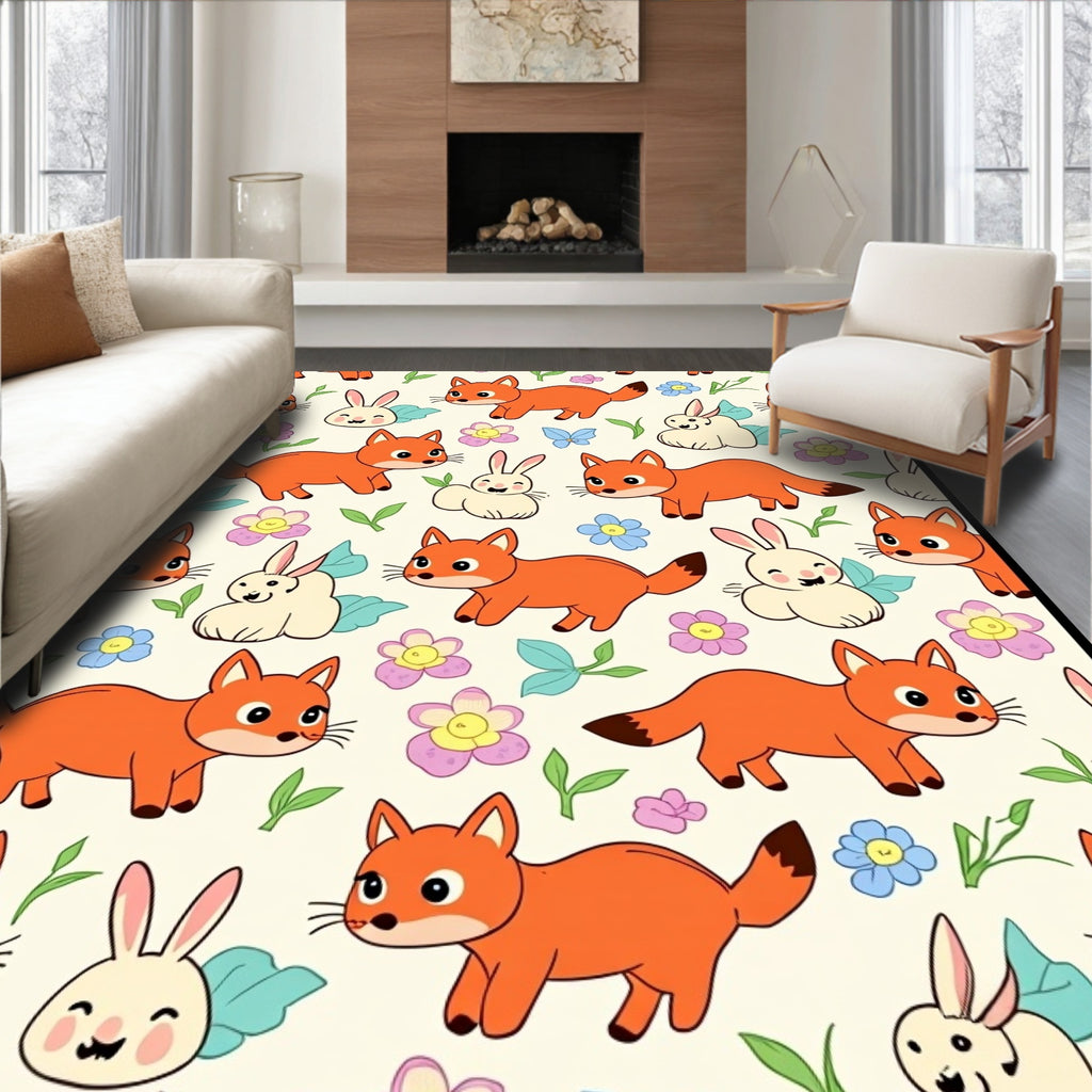 Whimsical Fox and Bunny Garden Scene Rug