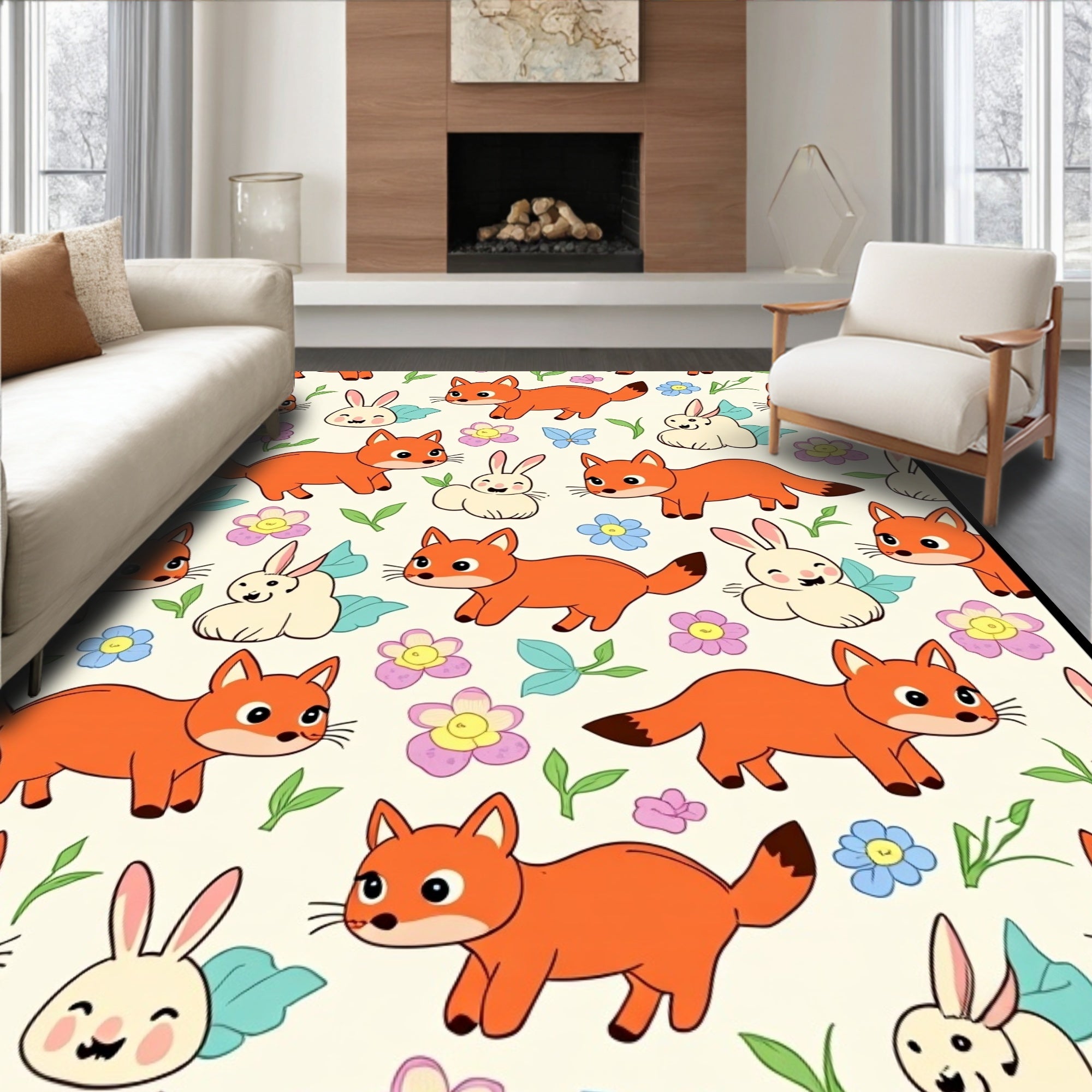 Whimsical Fox and Bunny Garden Scene Rug