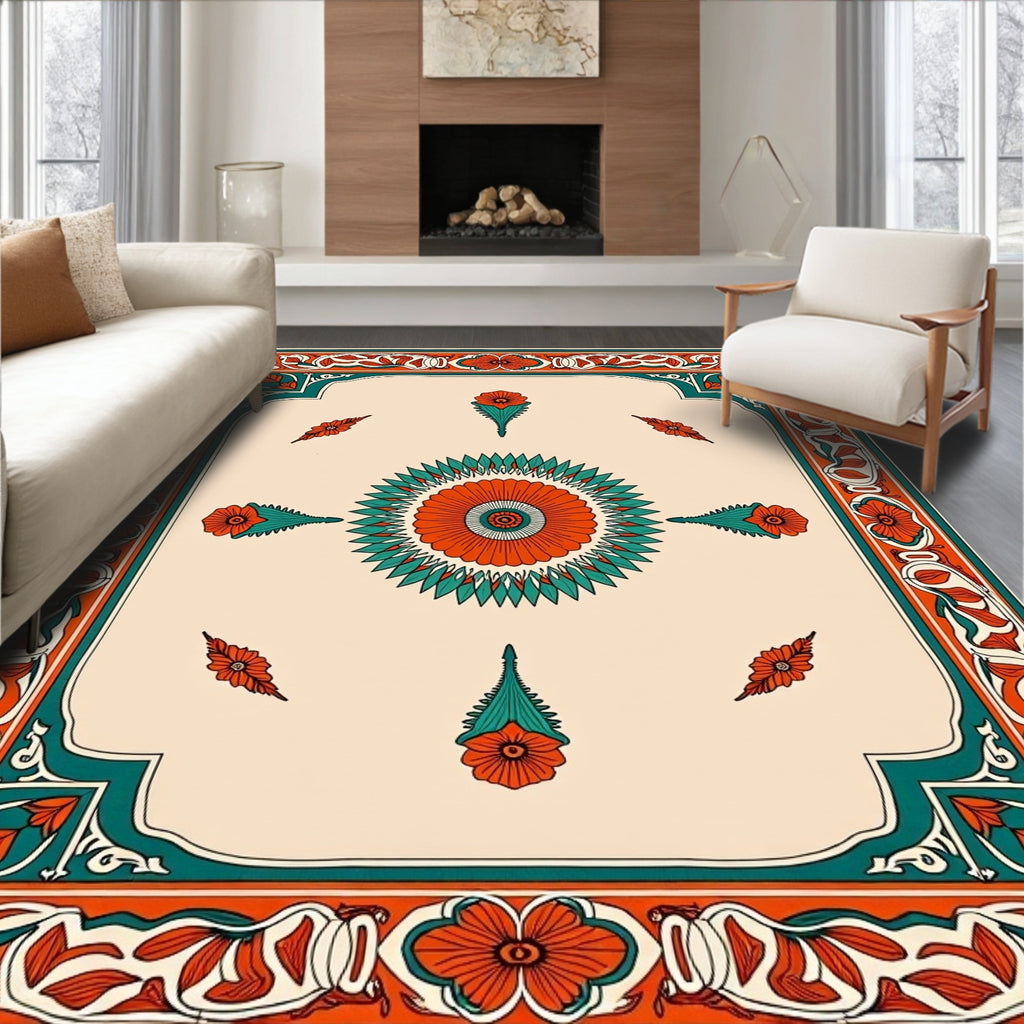 Orange Teal Floral Border Medallion Rug