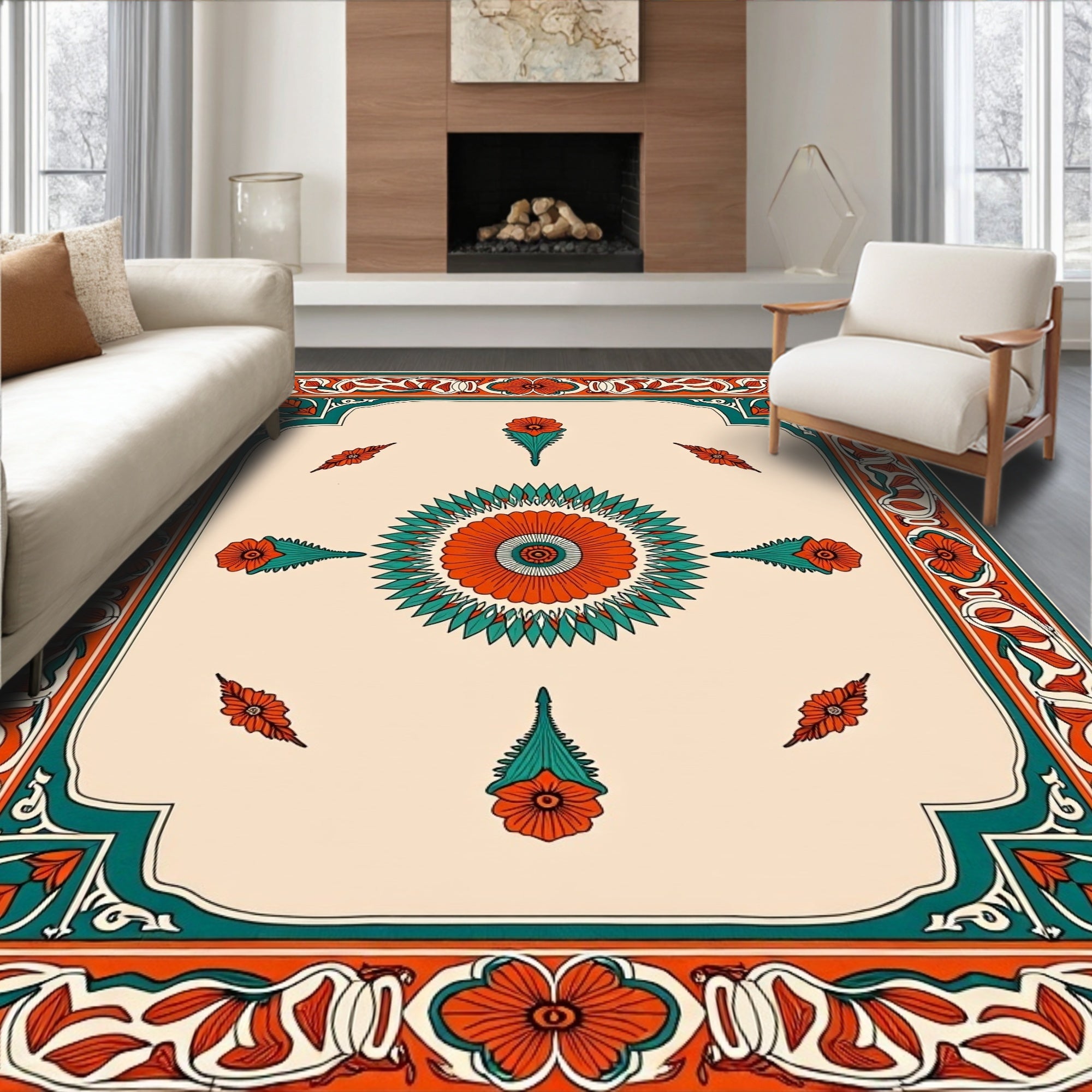 Orange Teal Floral Border Medallion Rug