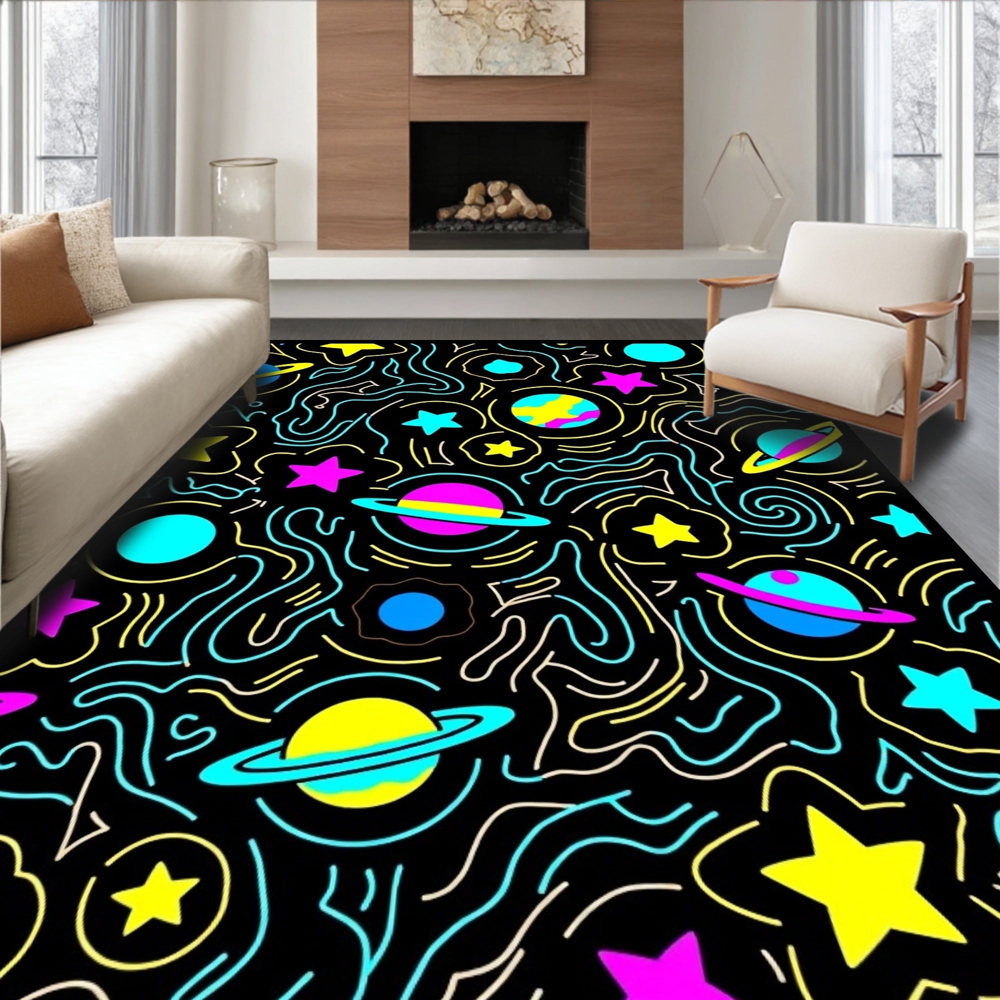 Cosmic Planets Stars Yellow Blue Pink Waves Rug