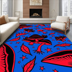 Red Fungi Stars Blue Background Rug