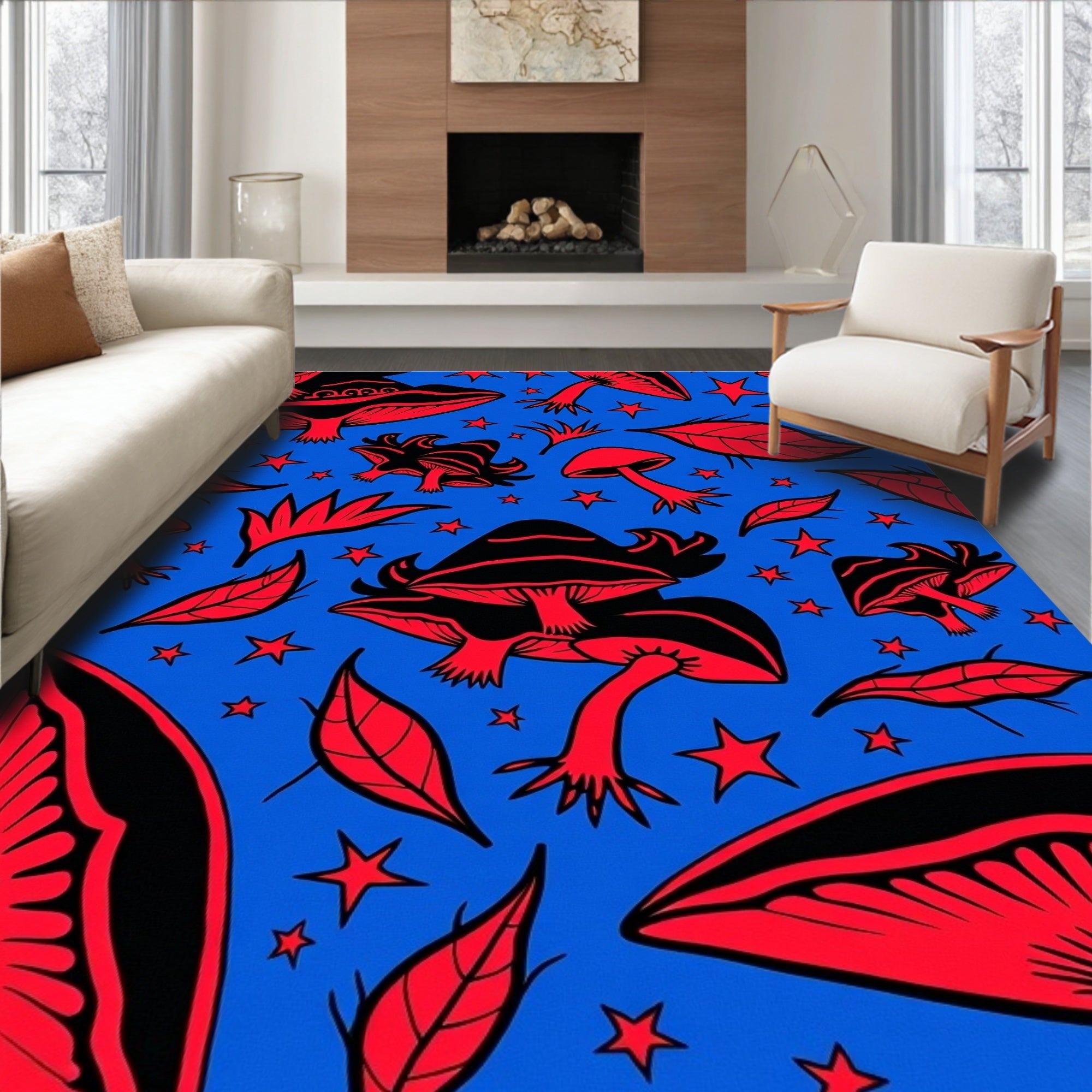 Red Fungi Stars Blue Background Rug