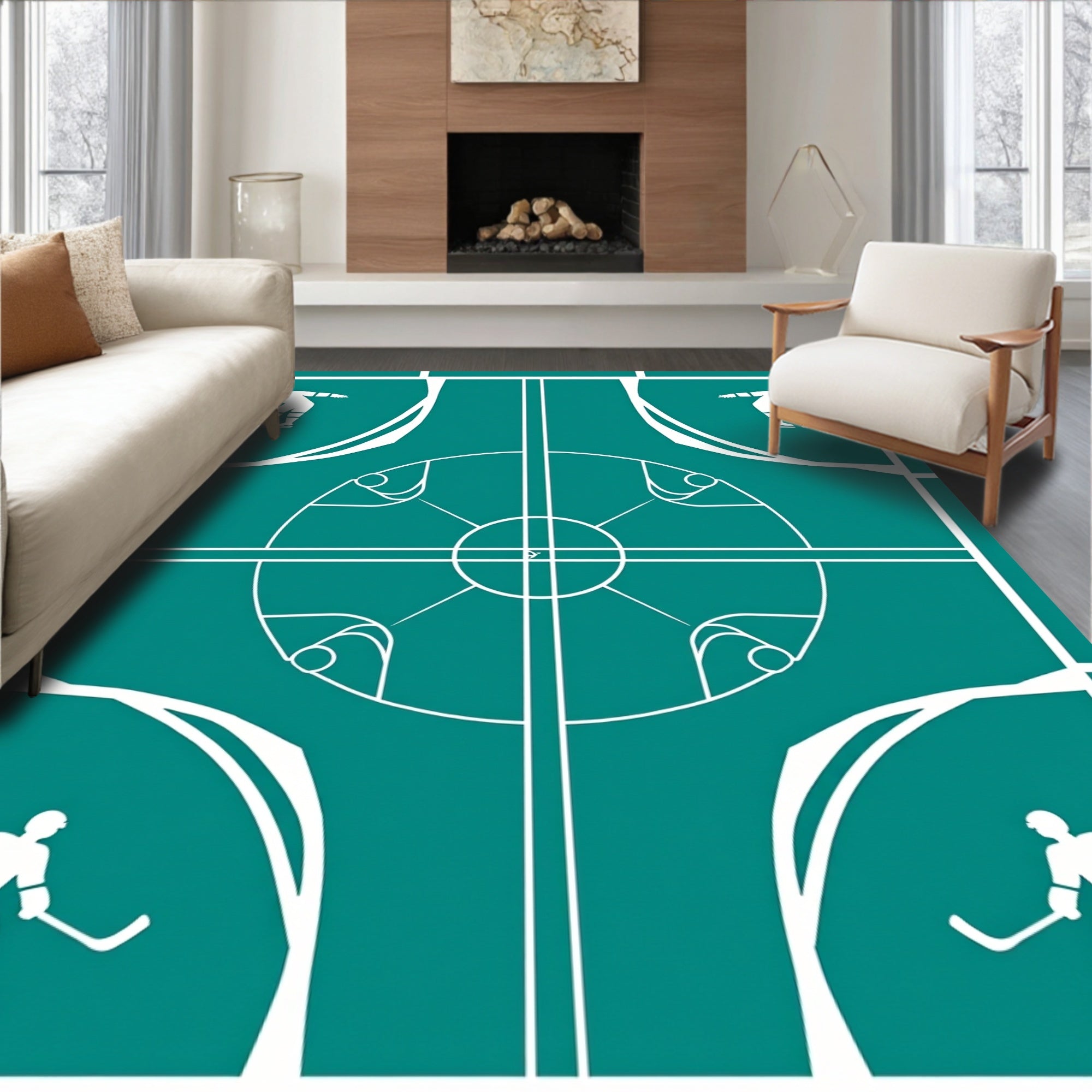 Teal Hockey Rink Players Medallion Rug