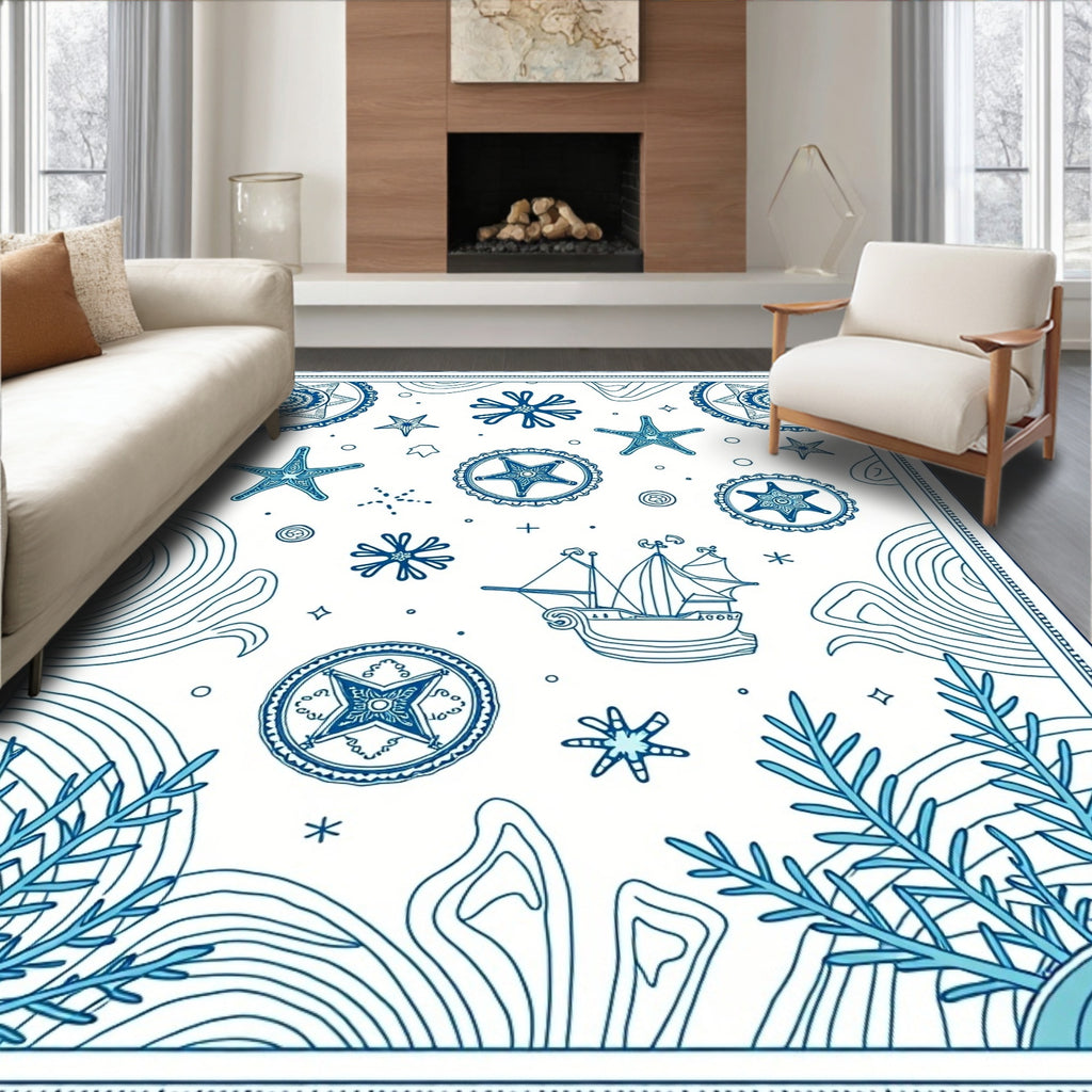Nautical Blue Starfish Sailboat Compass Rug