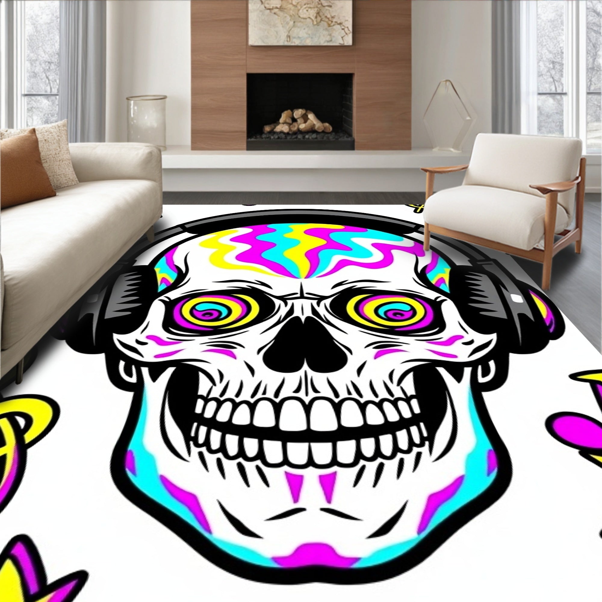 Psychedelic Skull Headphones Music Notes Rug