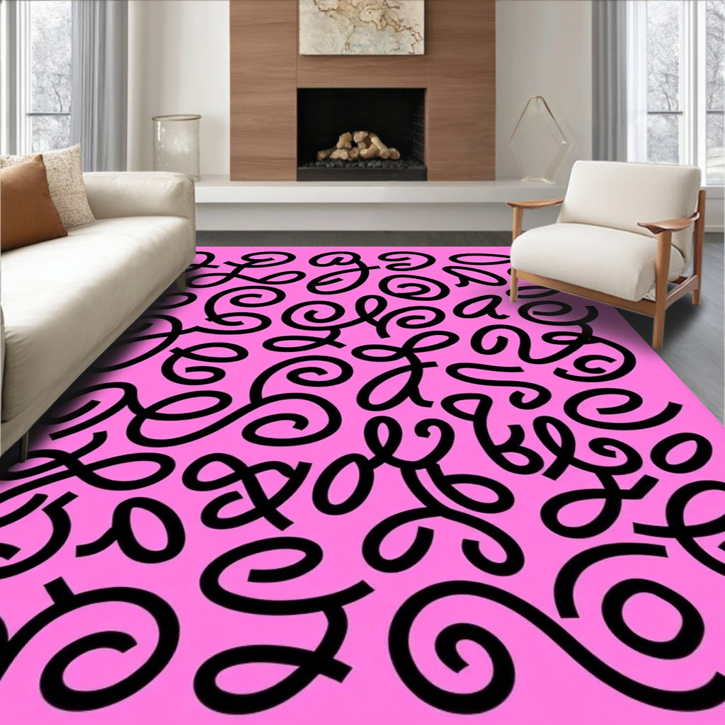 Bright Pink Curlicue Script Collage Rug