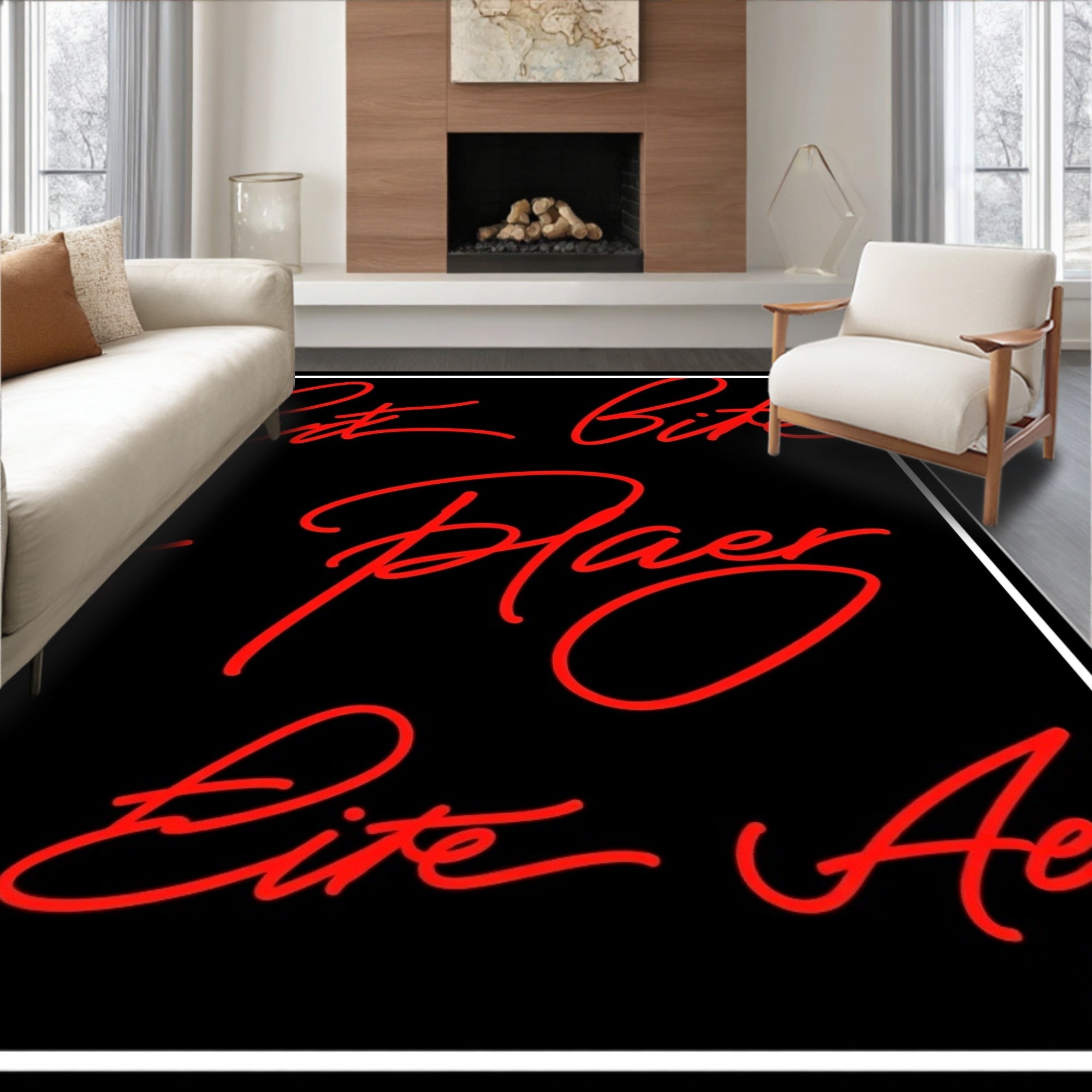 Black Red Script Calligraphy Rug