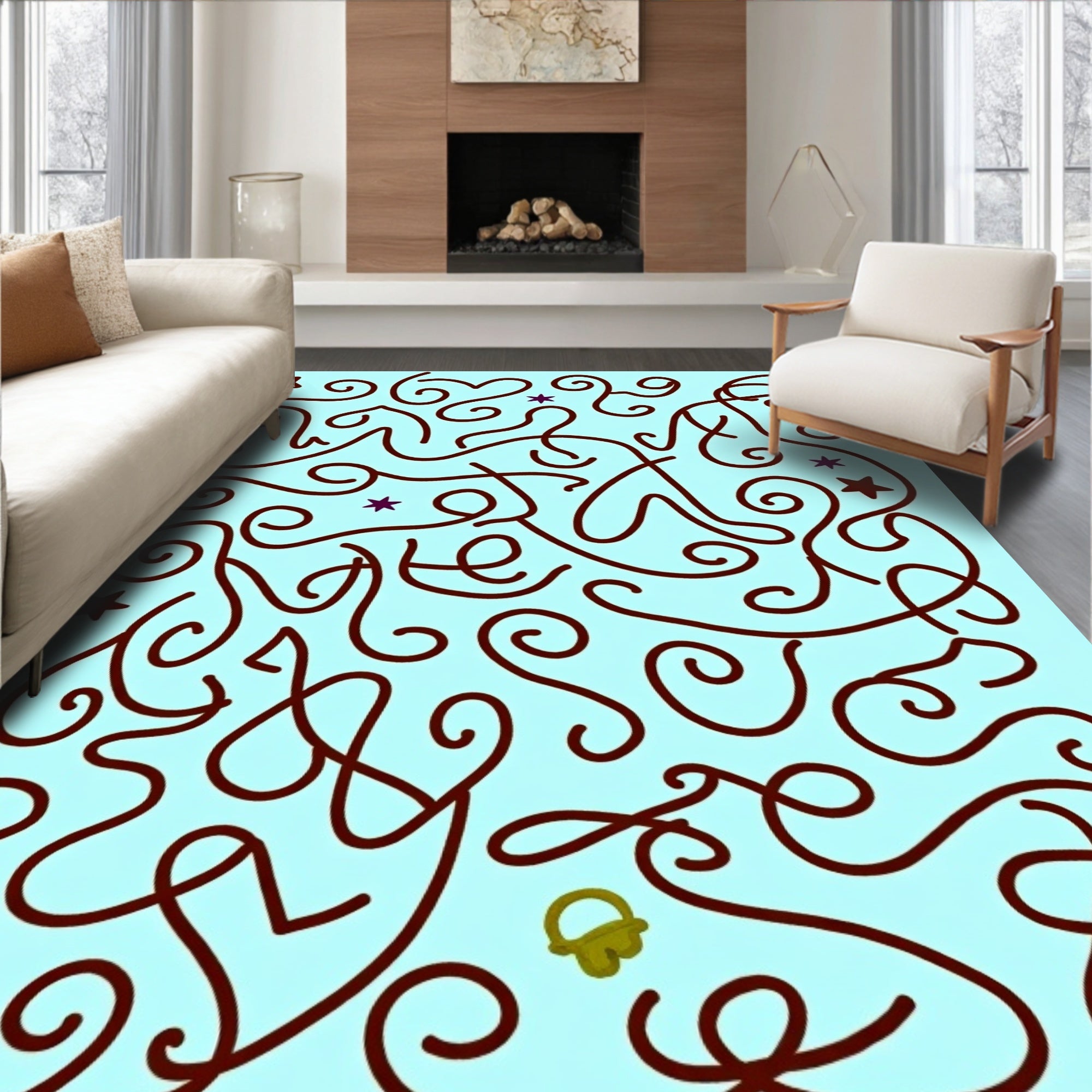 Light Blue Swirling Vine Star Accents Rug