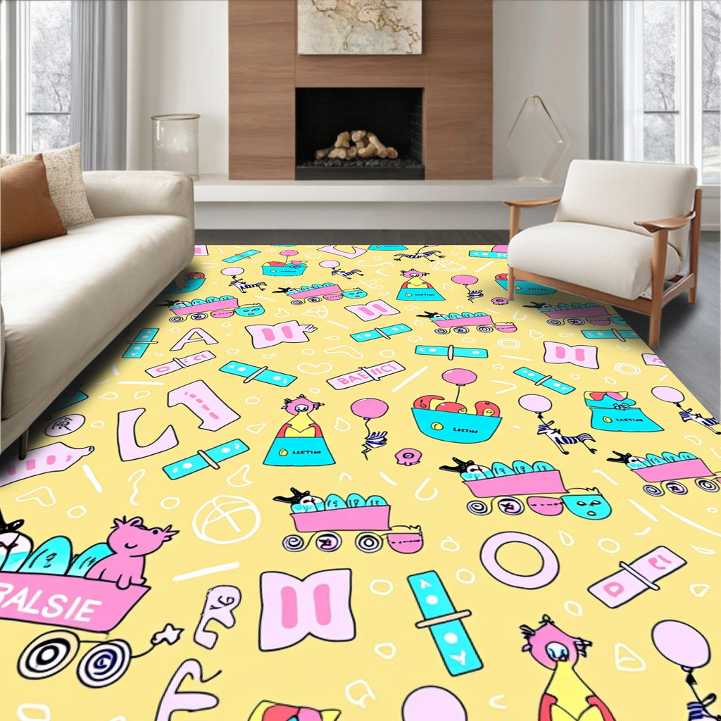 Whimsical Pink Blue Yellow Character Train Rug