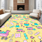 Whimsical Pink Blue Yellow Character Train Rug