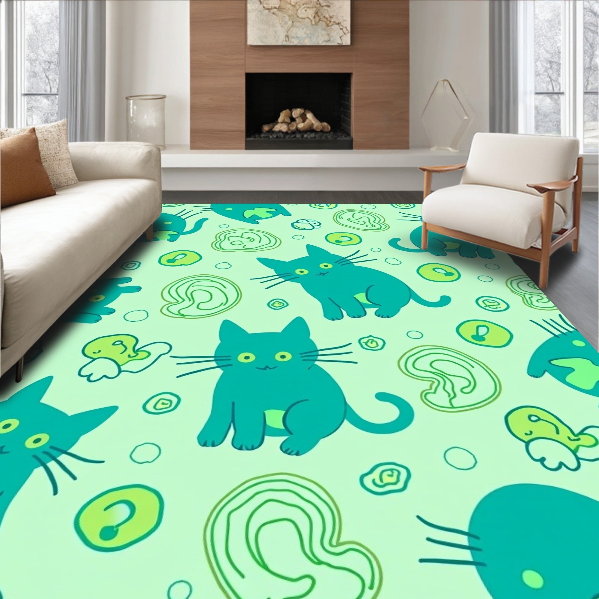 Teal Whimsical Cat Swirls Rug