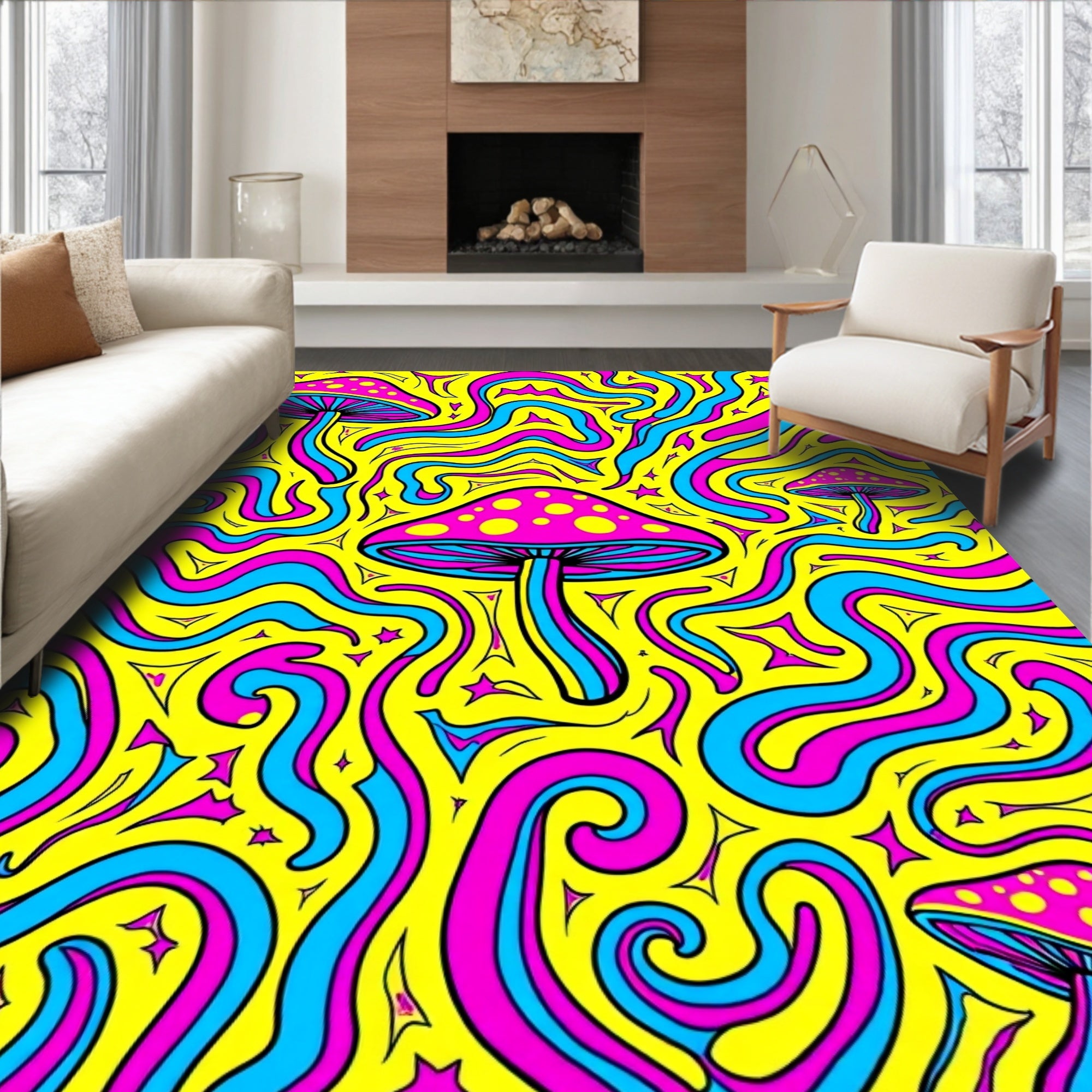 Psychedelic Mushroom Swirl Yellow Rug