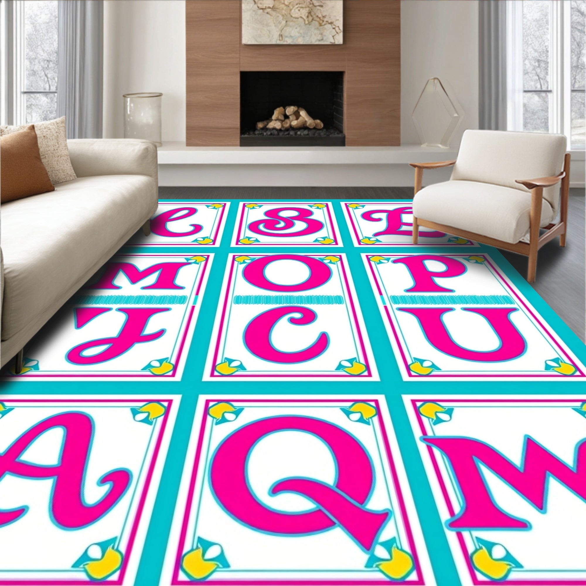 Bright Pink Alphabet Majuscule Tiles Rug