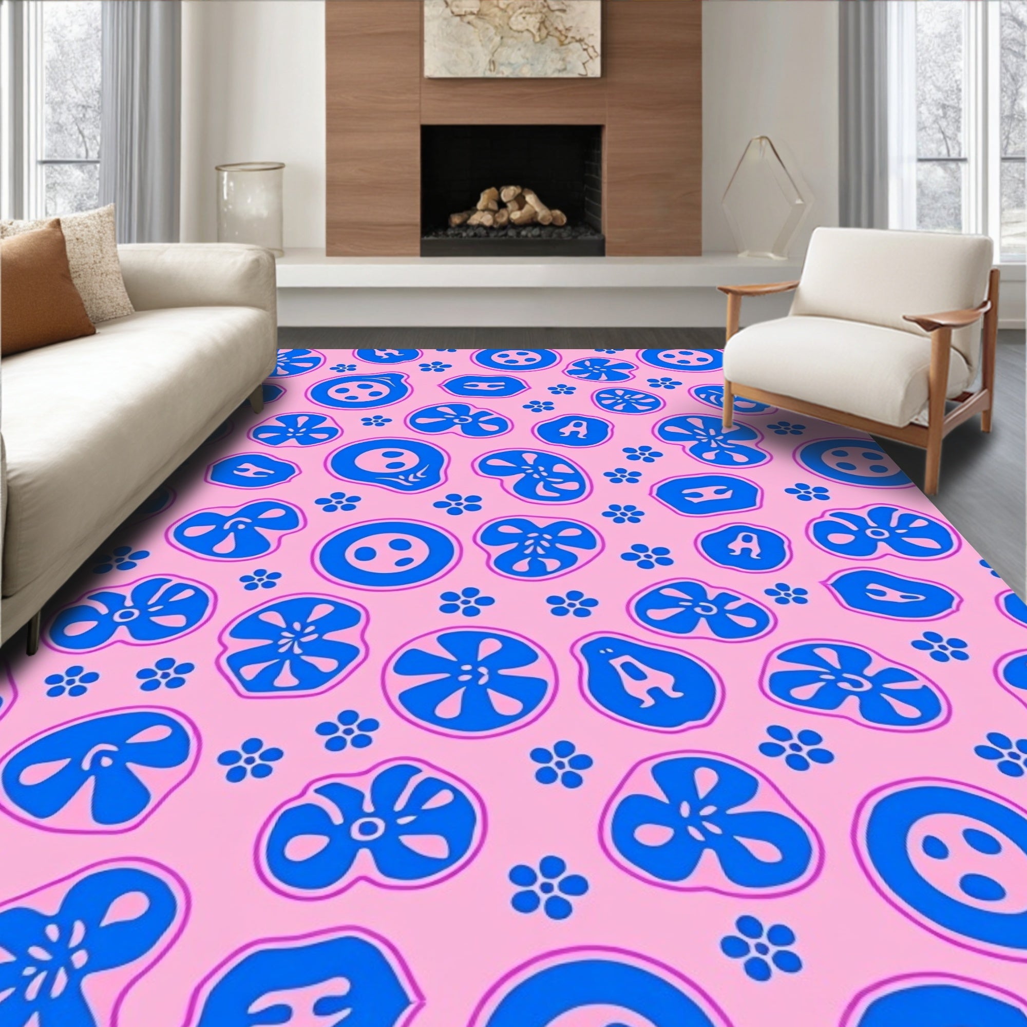 Pink Blue Organic Blossom Scatter Rug