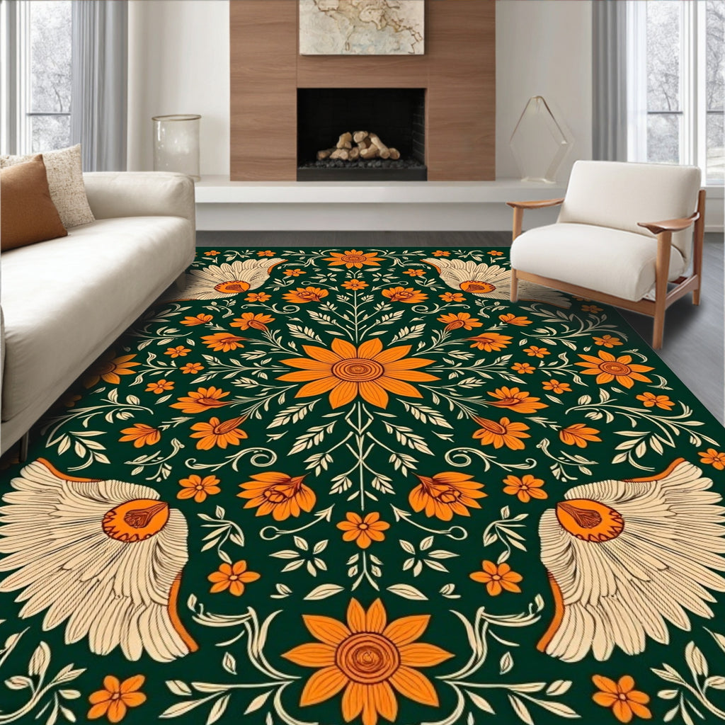 Emerald Orange Floral Winged Medallion Rug