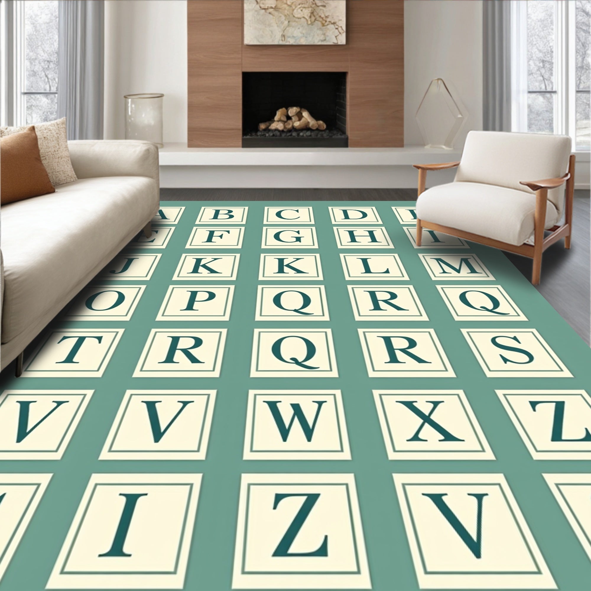 Alphabet Grid Teal Ivory Classic Squares Rug