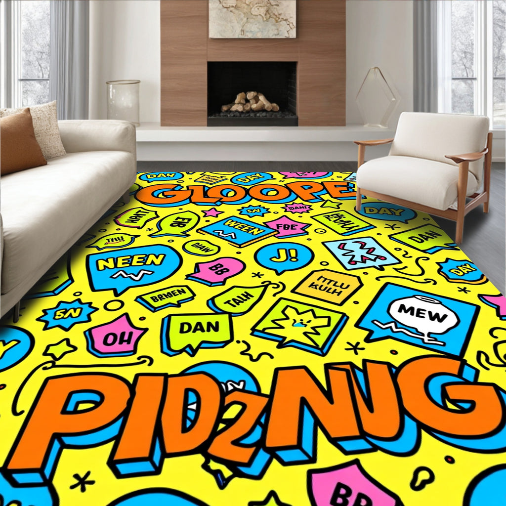 Bold Yellow Speech Bubble Graffiti Rug