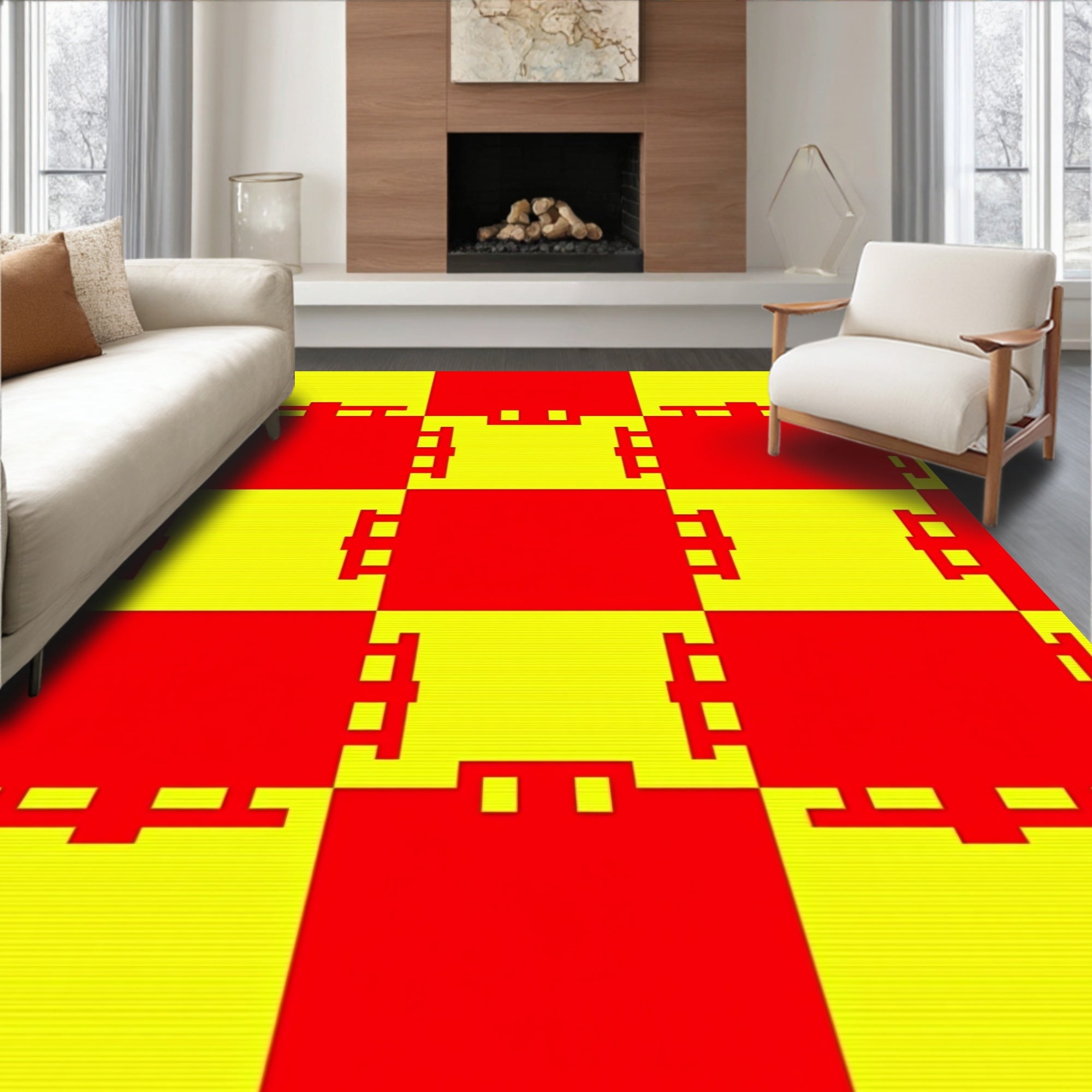 Bold Red Yellow Block Abstract Rug