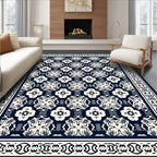 Dark Blue Cream Quatrefoil Border Rug