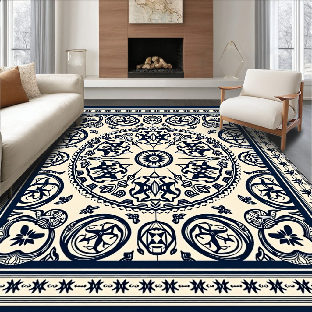 Navy Cream Intricate Circular Ornament Rug