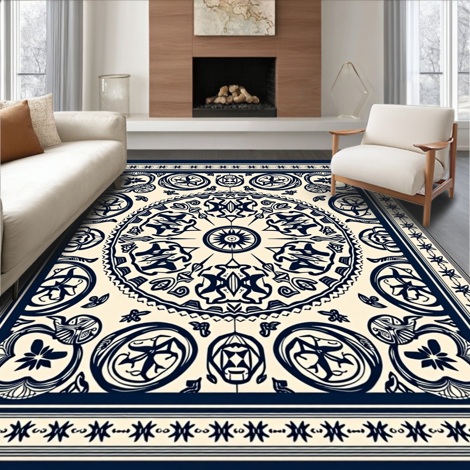 Navy Cream Intricate Circular Ornament Rug