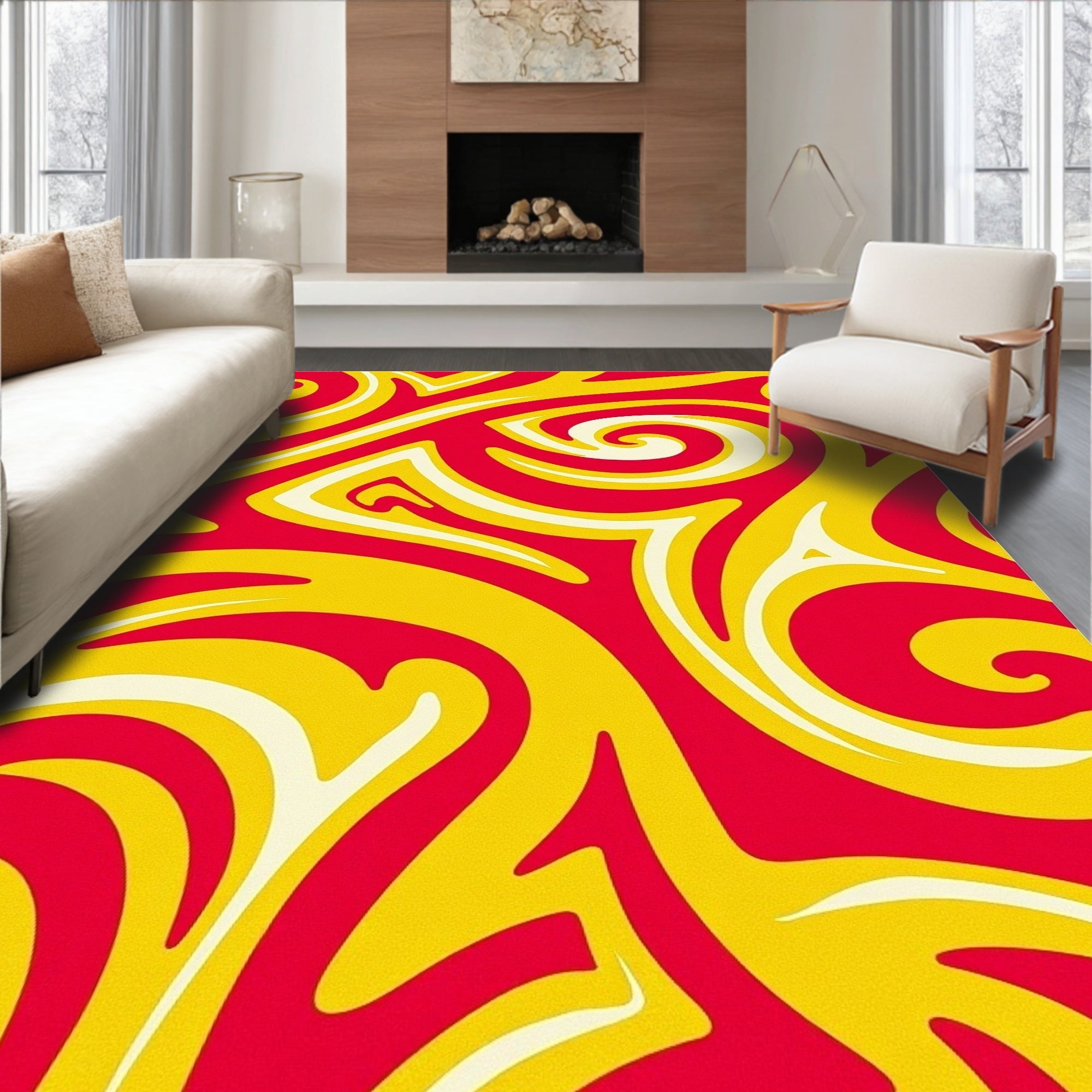 Crimson Yellow Swirl Mid-Century Rug