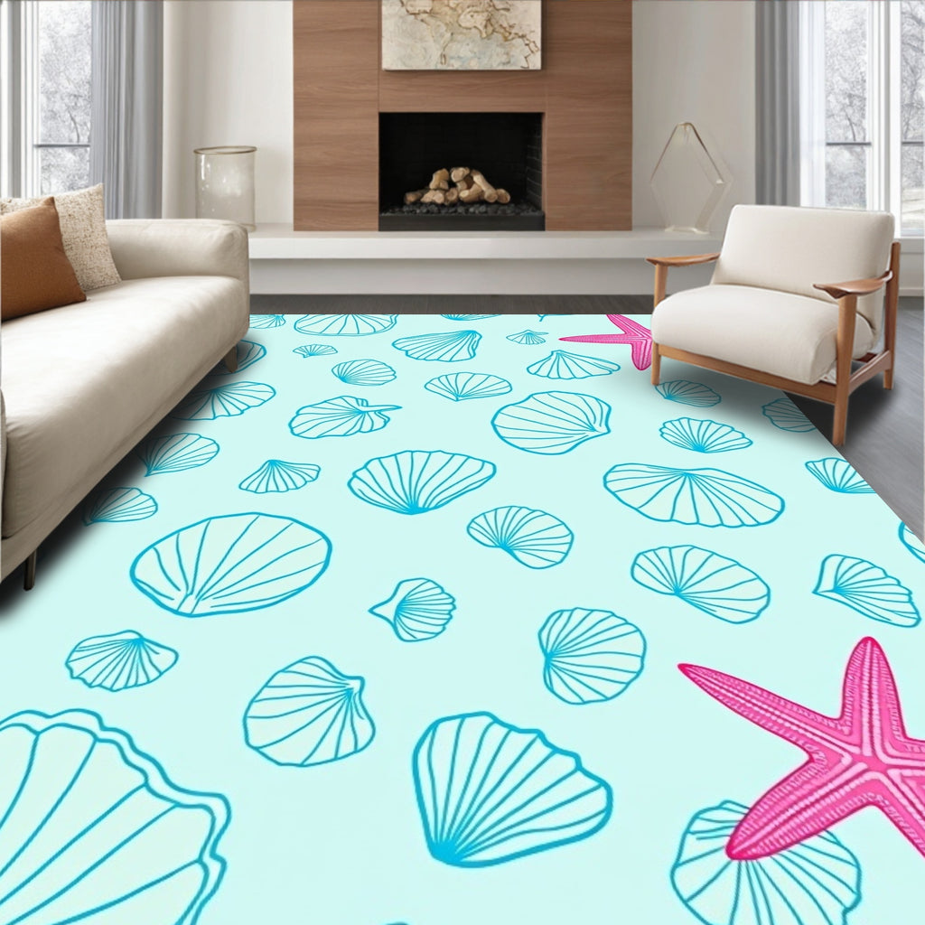 Aqua Starfish Shell Collage Rug