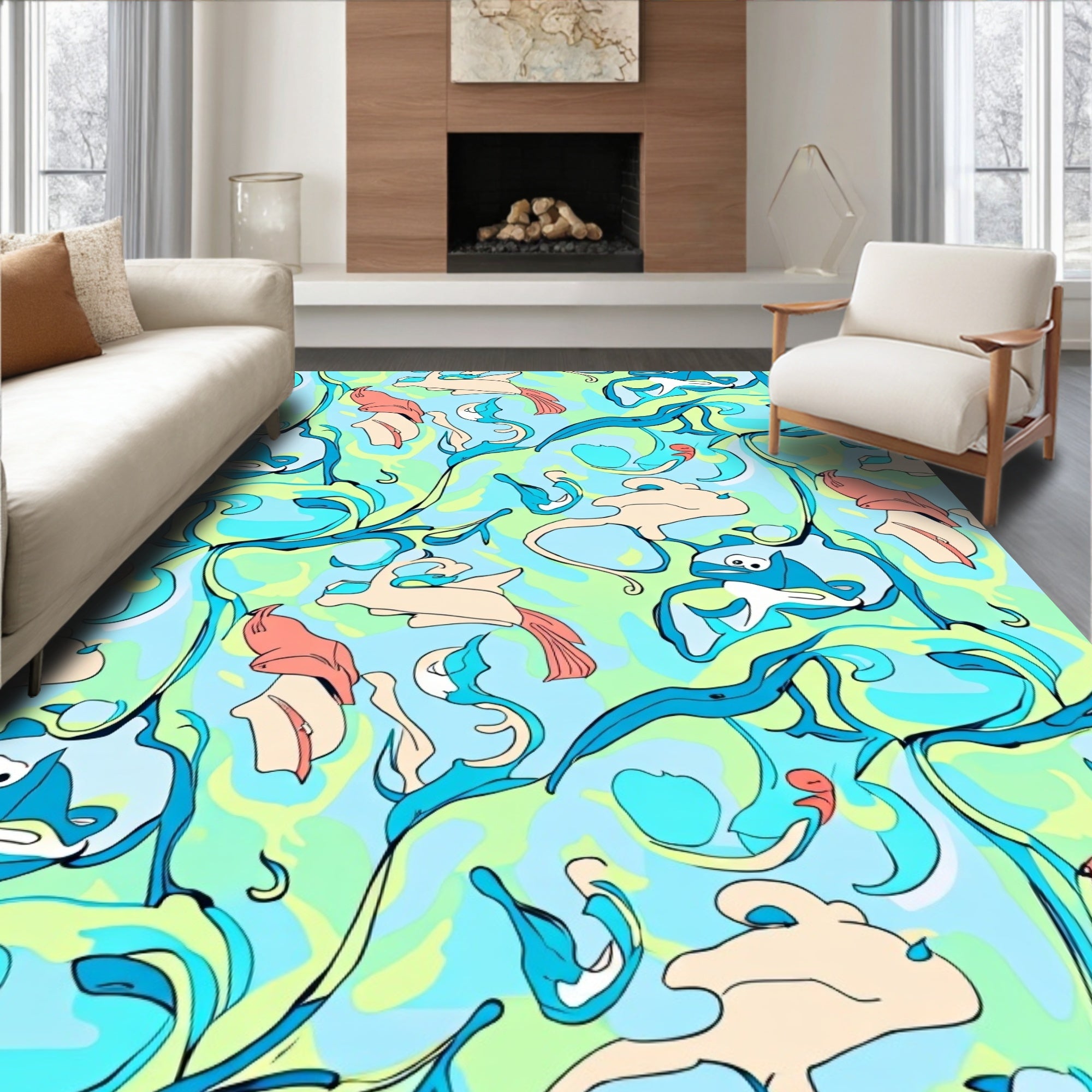 Whimsical Blue Coral Aquatic Creatures Rug
