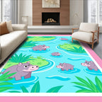 Playful Lilac Hippos River Scene Rug