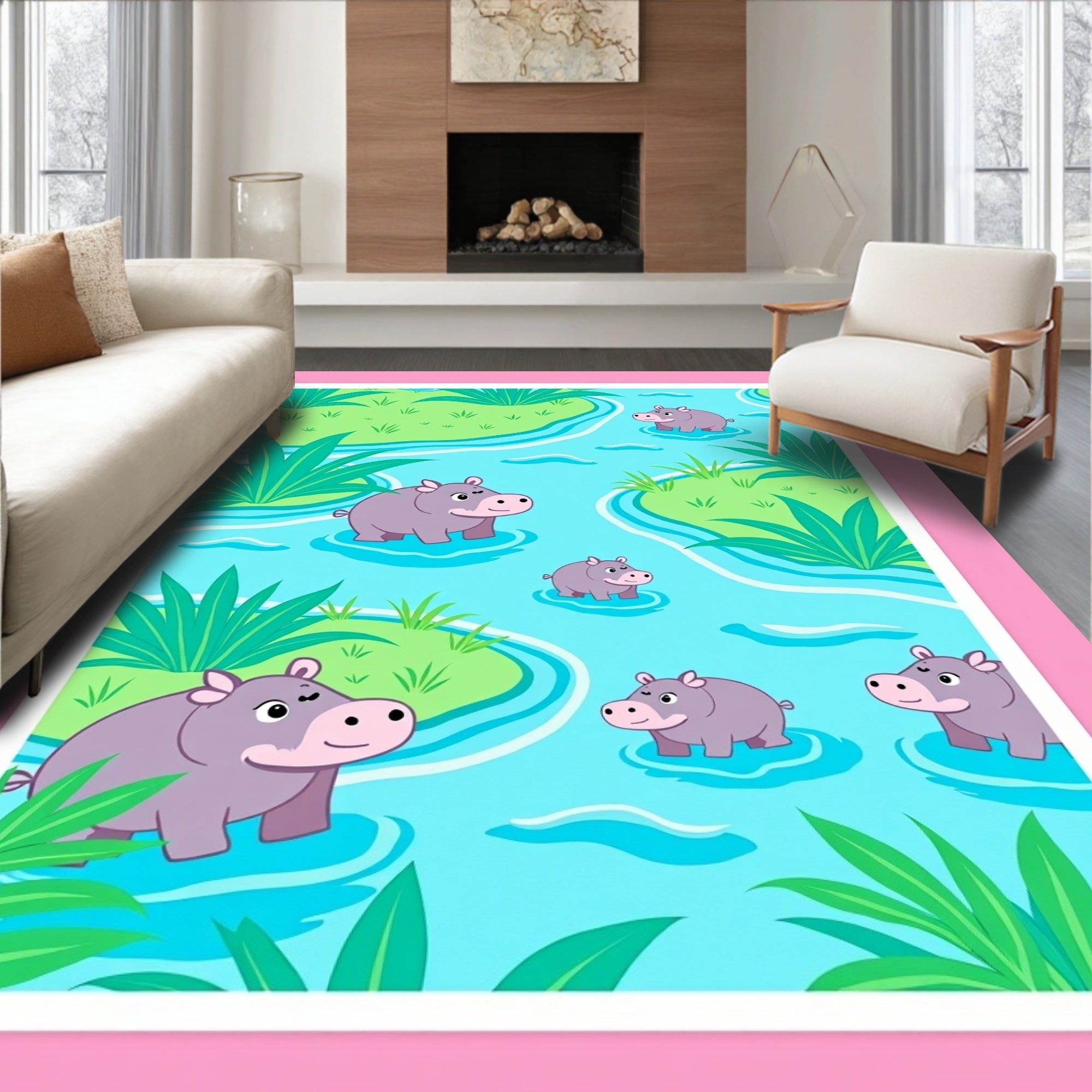 Playful Lilac Hippos River Scene Rug