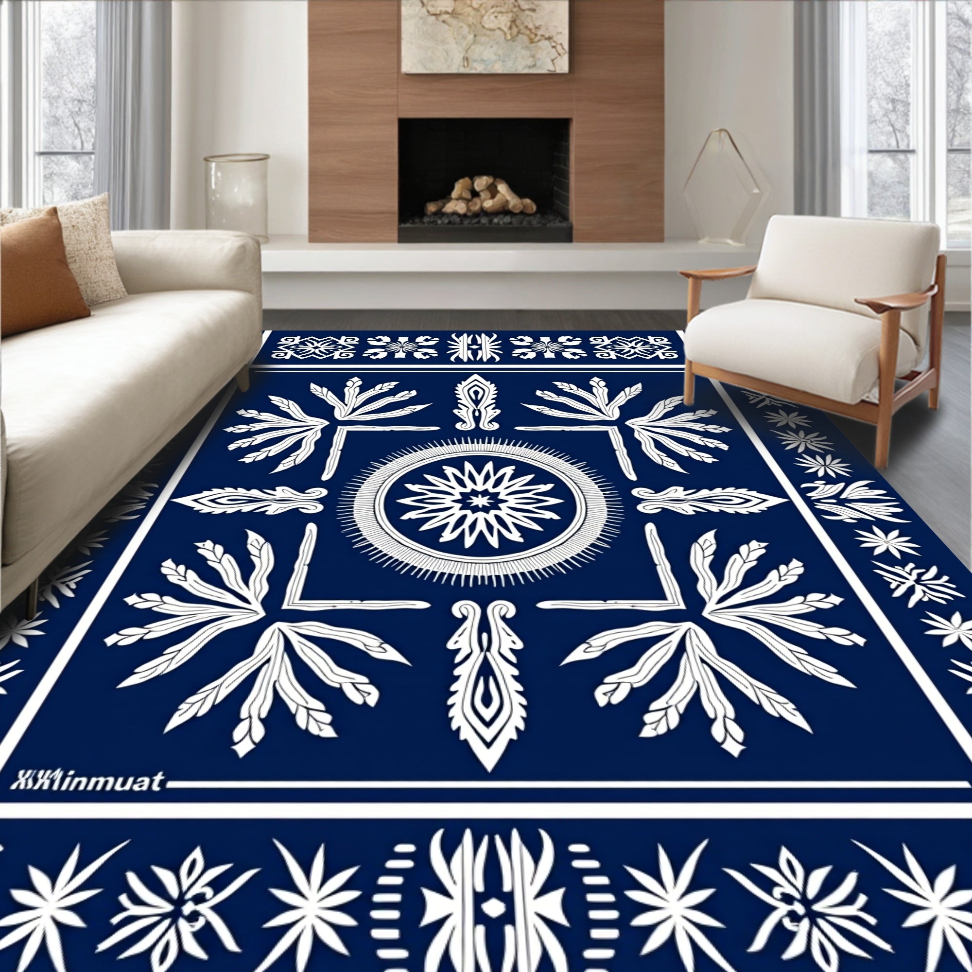 Navy Blue Floral Sunburst Geometric Rug