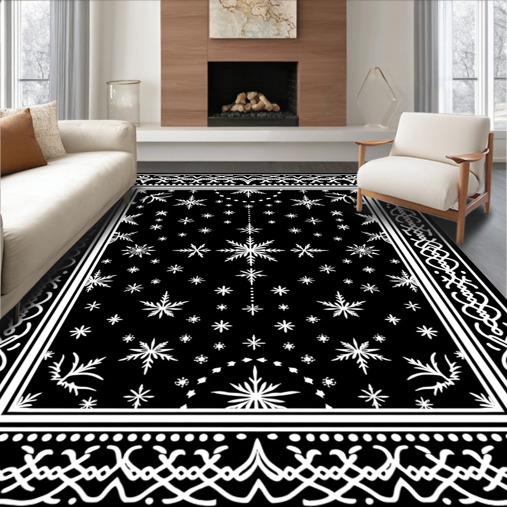 Black White Snowflake Medallion Border Rug