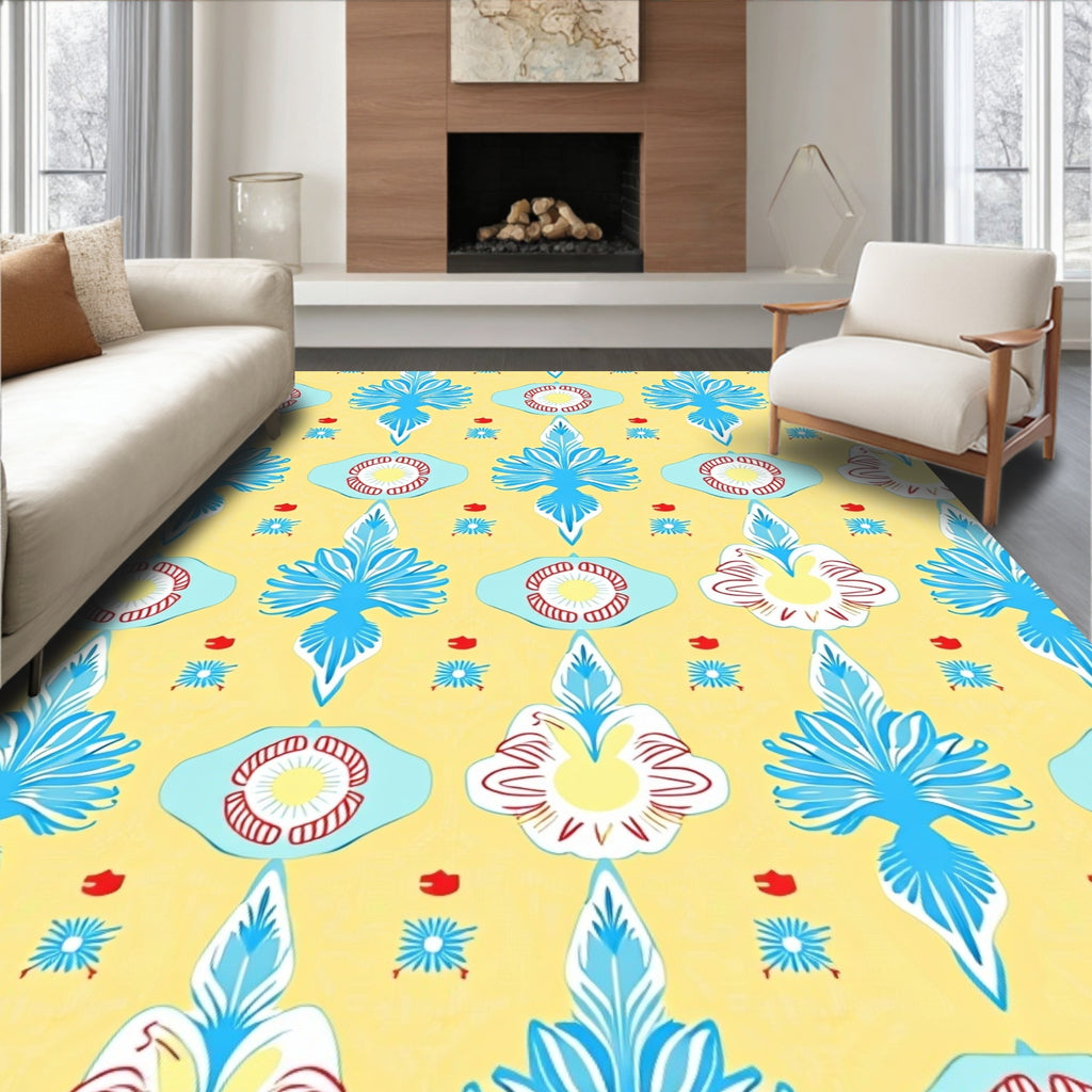 Yellow Blue Red Exotic Floral Medallion Rug