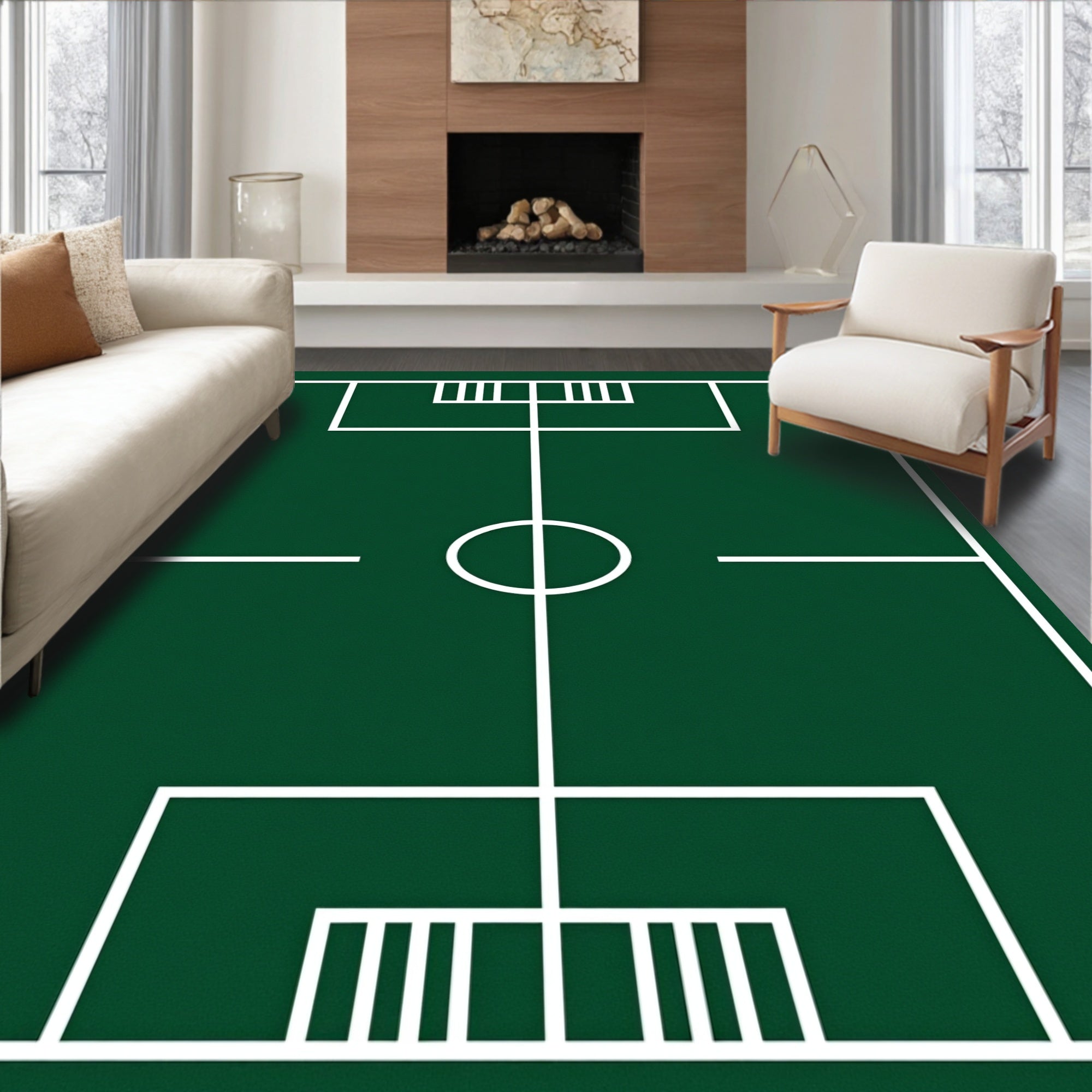 Green Football Field Lines Rug